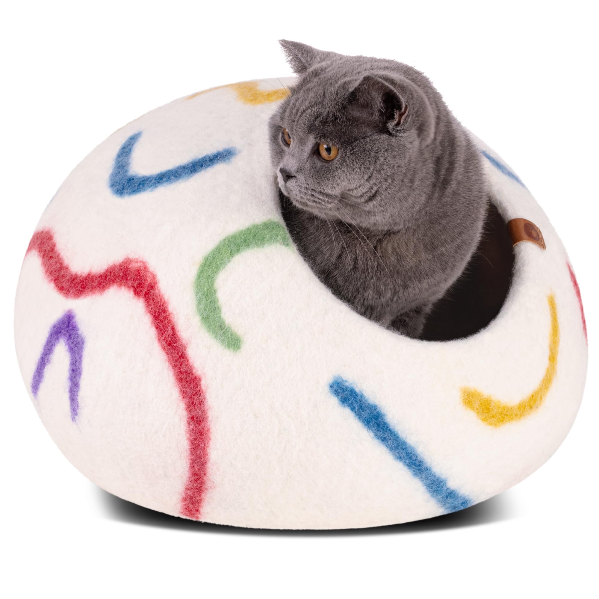Meowfia Cat Cave - Premium Felt Cat Bed For Indoor Cats, Handmade 100% Merino Wool (Vivid Shades) (Medium, Ivory Rainbow)