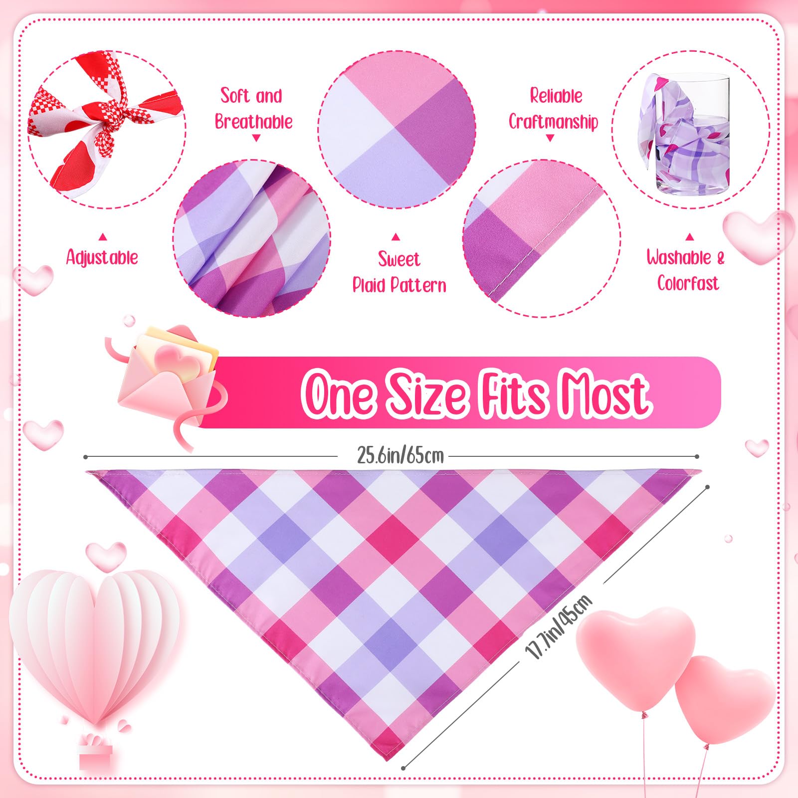 Sweetude 60 Pcs Wedding Plaid Dog Bandanas Bulk Heart Pet Scarf Bibs Mother'Day Adjustable Washable Kerchief Holiday Pet Costume