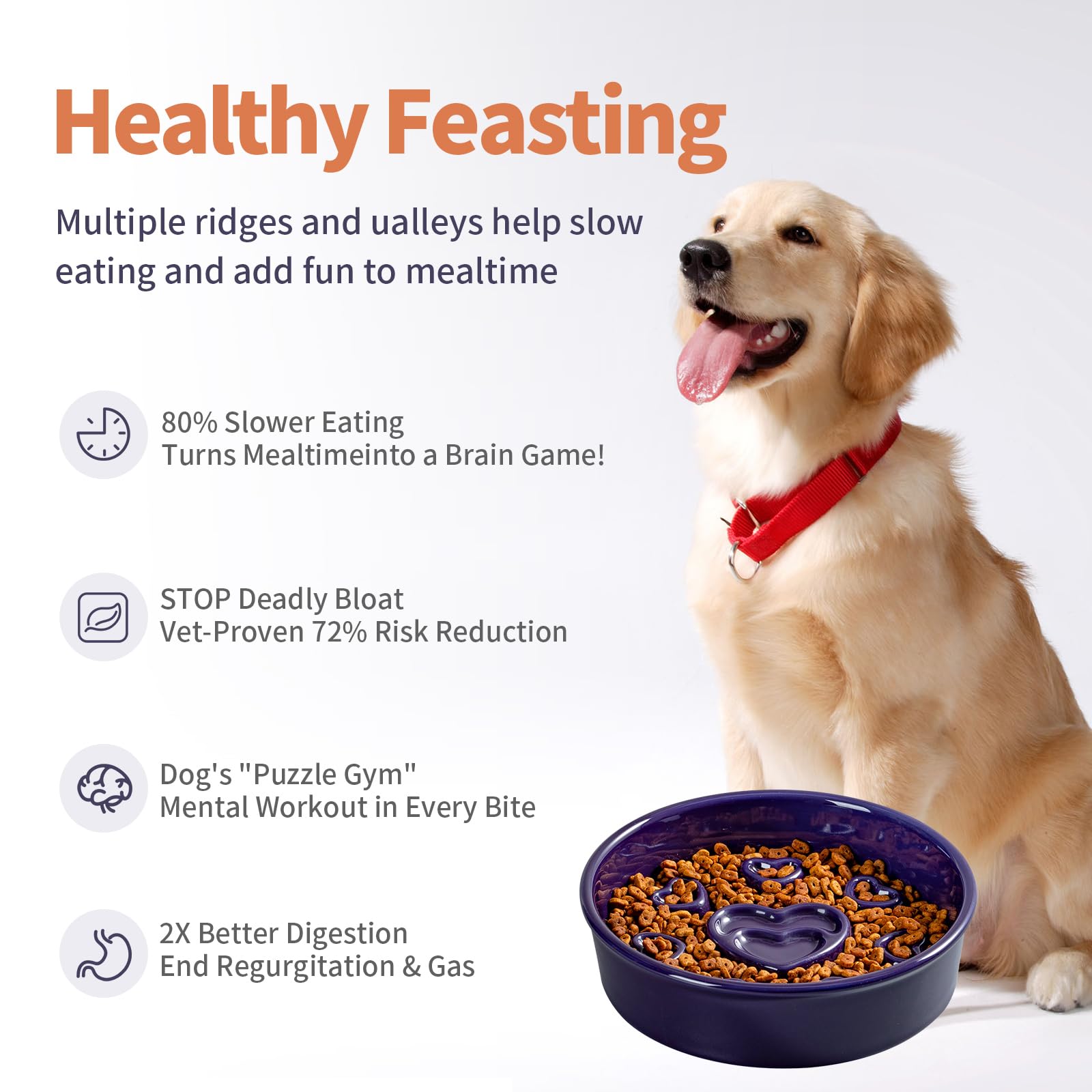 Buyank Ceramic Slow Feeder Dog Bowl, 4-Cup Anti-Slip Puzzle Feeder for Medium/Large Dogs, Indoor/Outdoor Pet Bowl for Fast Eater