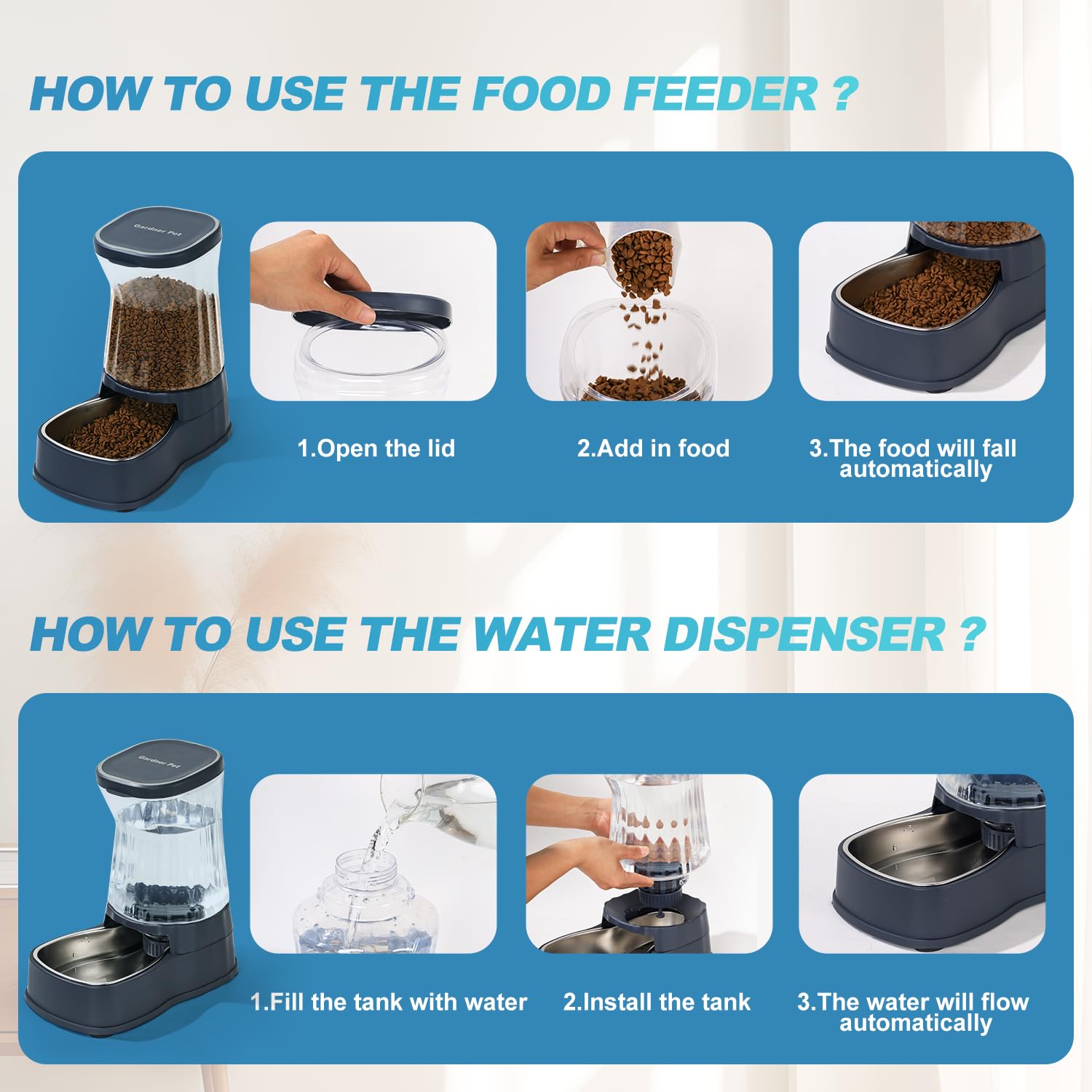Gardner Pet Automatic Dog Water Dispenser Gravity Stainless Steel Waterer & Food Feeder Set, 100% BPA Free Large Capacity Feedin