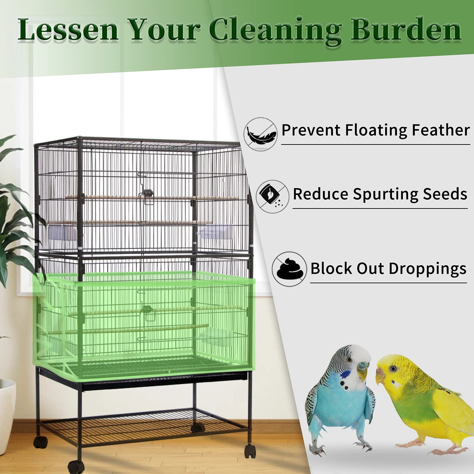 Daoeny Large Bird Cage Cover, Bird Cage Seed Catcher, Adjustable Soft Airy Nylon Mesh Net, Birdcage Cover Skirt Seed Guard For Parrot Parakeet Macaw African Round Square Cages (Green)