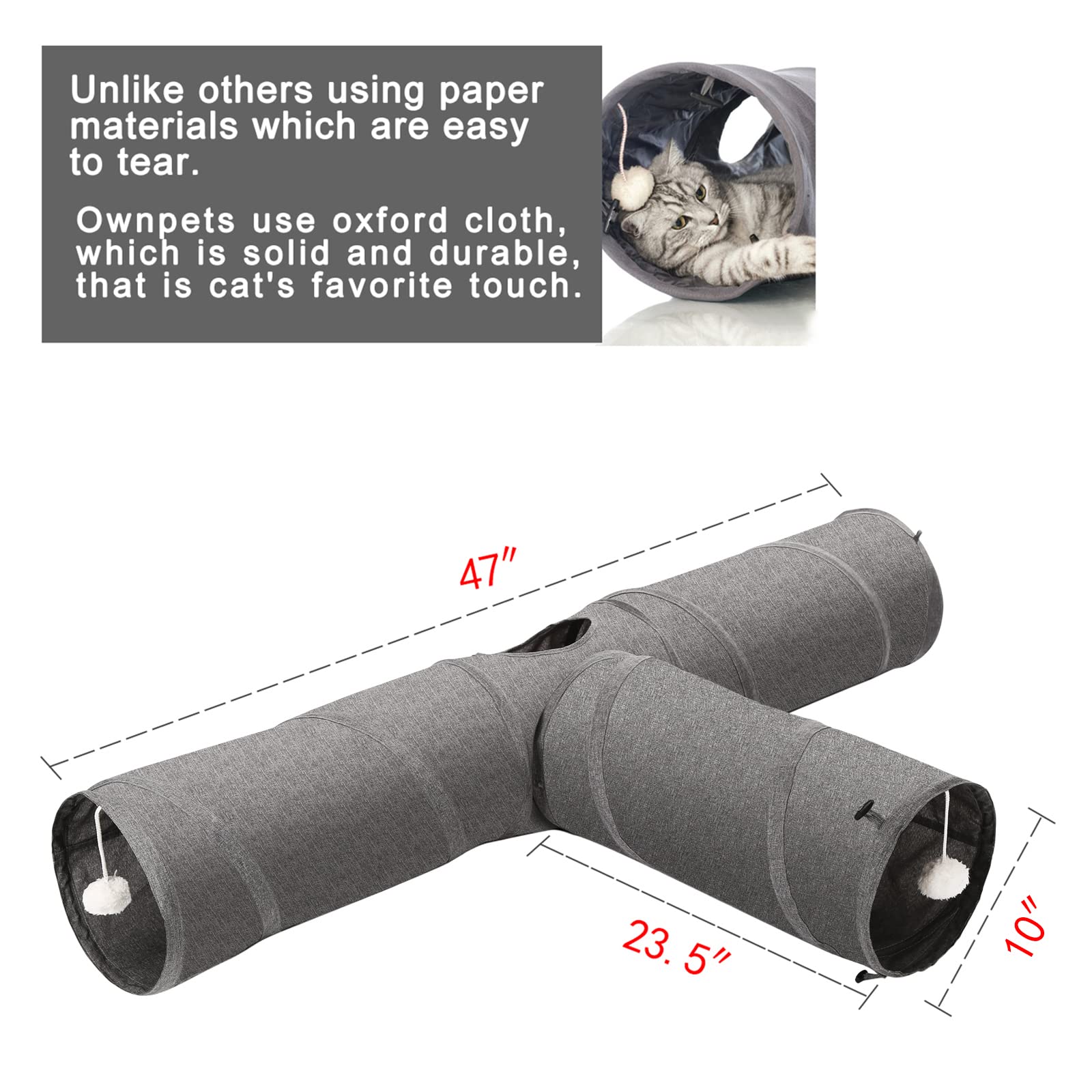 Ownpets Cat Tunnel, 3 Way Collapsible Kitty Tunnel 47 Inch Long Cat Tube With Plush Ball & Feather Toy, Large Cat Play Tunnel Fo