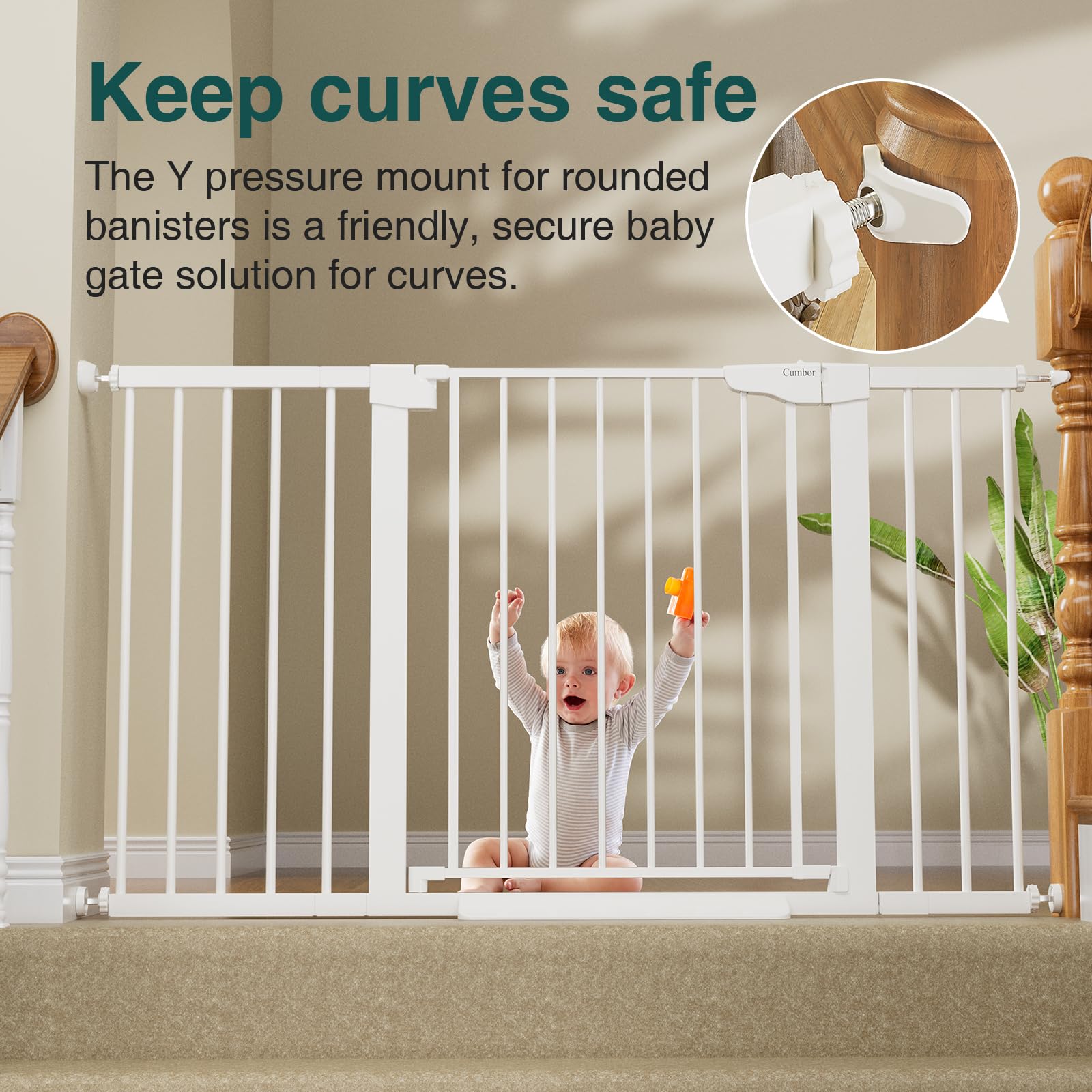 Cumbor 29.7-54.2' Wide Baby Gate For Stairs, Mom'S Choice Awards Winner-Self Closing Dog Gate Indoor For Doorways, No Drilling Pressure Mounted Pet Gates For Kids, Easy Walk Through Safety Gate, White