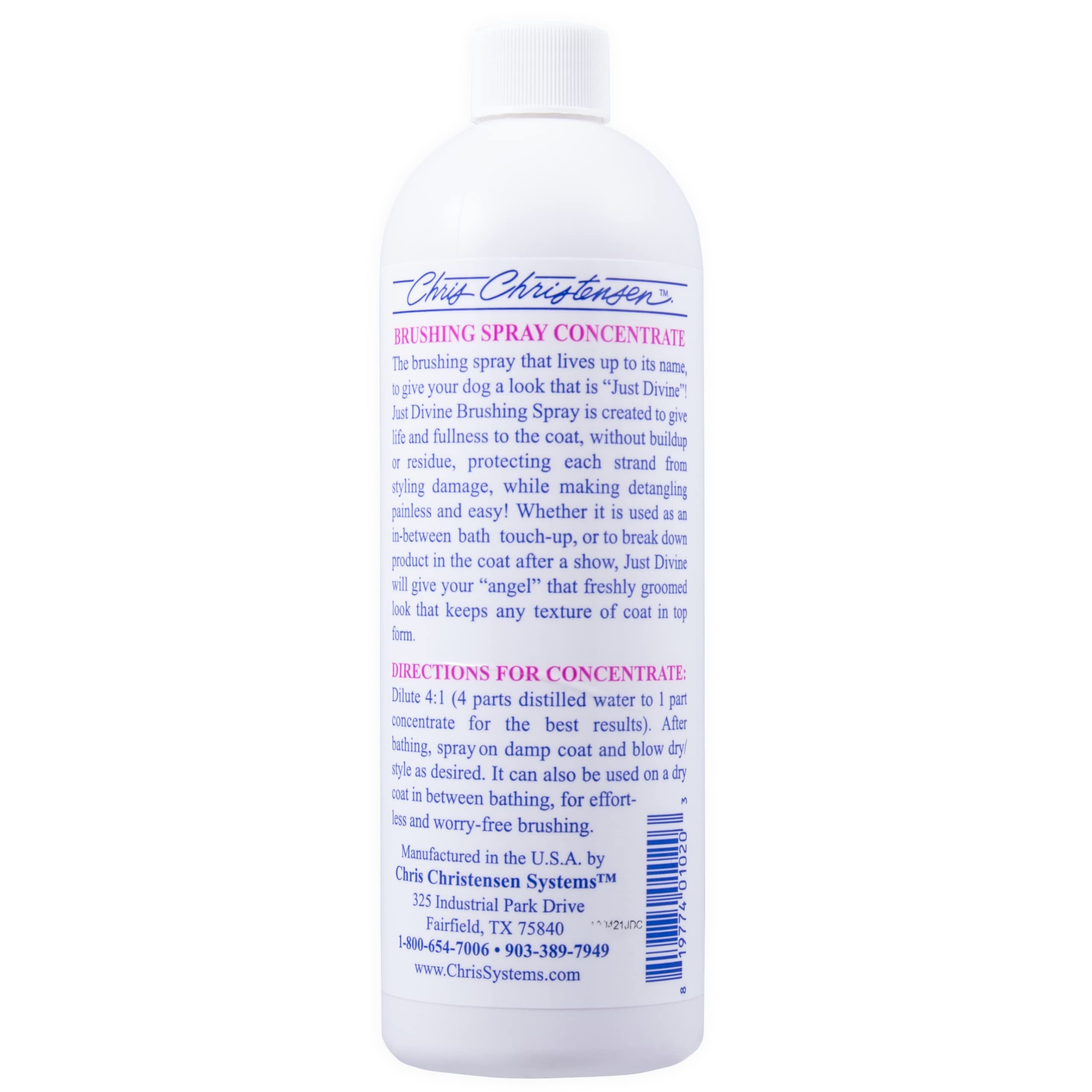 Chris Christensen Just Divine Dog Brushing Spray Concentrate, Groom Like a Professional, Prevents Brushing Damage, Light Detangl