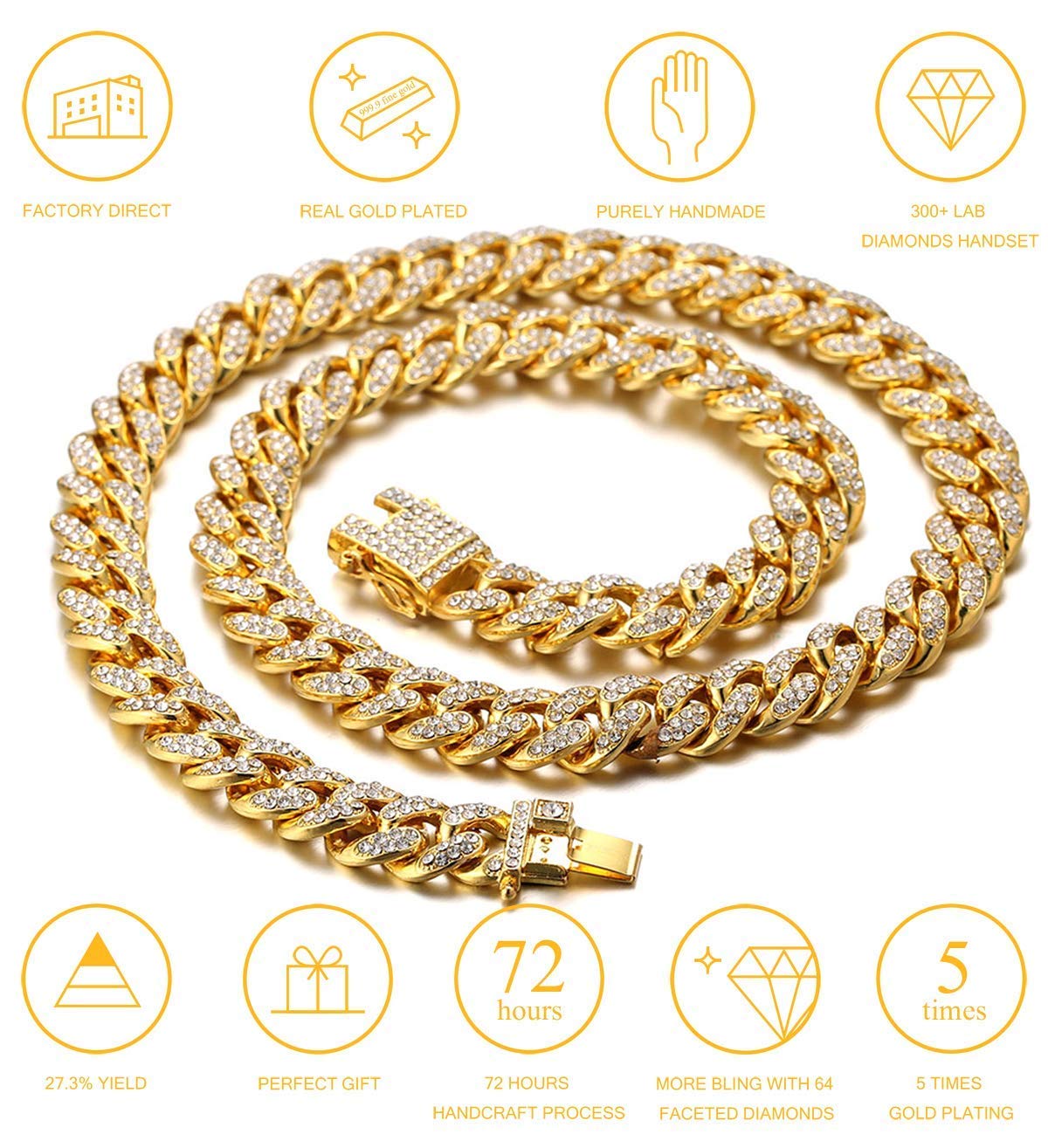 Halukakah Cat Collar - Carat - Iced Out Diamond Cuban Link Gold Chain for Cats & Kittens - 18k Real Gold Plated 7 Collar Size -