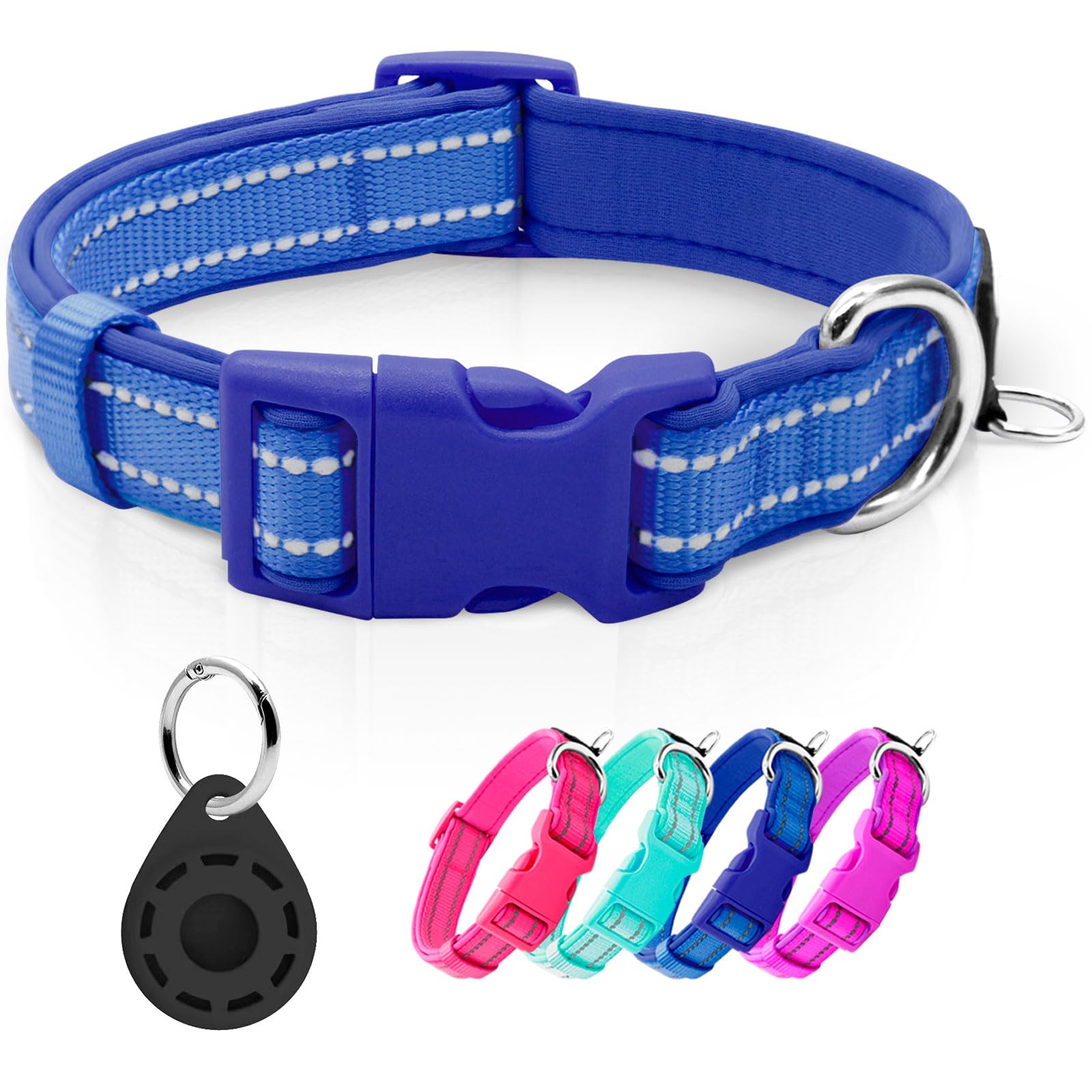 Azuza Reflective Dog Collar With Airtag Holder, Soft Neoprene Padded Pet Collar With Id Tag Ring, Adjustable For Large Dogs,Roya
