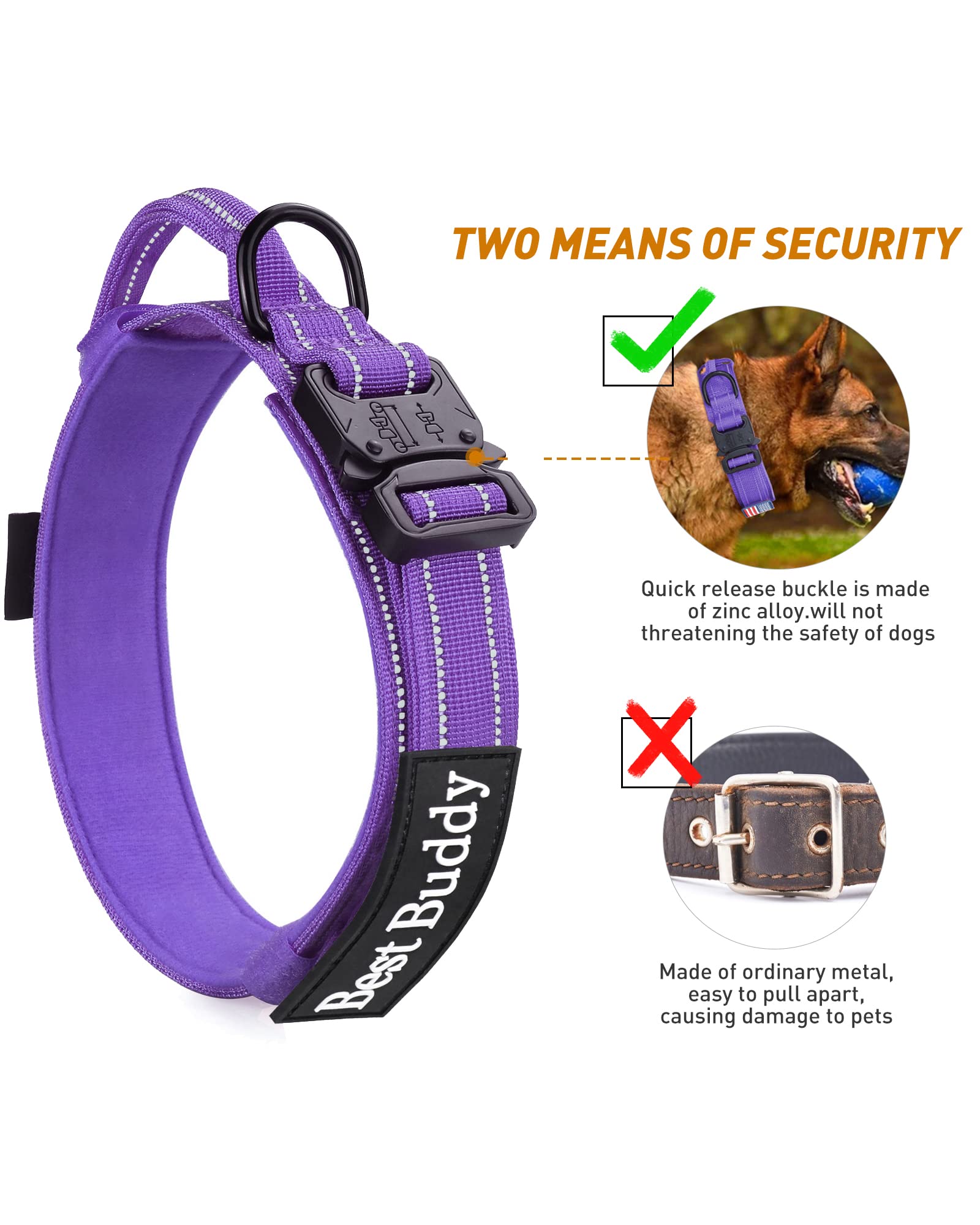 Aubell Reflective Dog Collar, Tactical Dog Collar For Large Dogs, Heavy Duty Dog Collars With Control Handle And Metal Buckle Fo