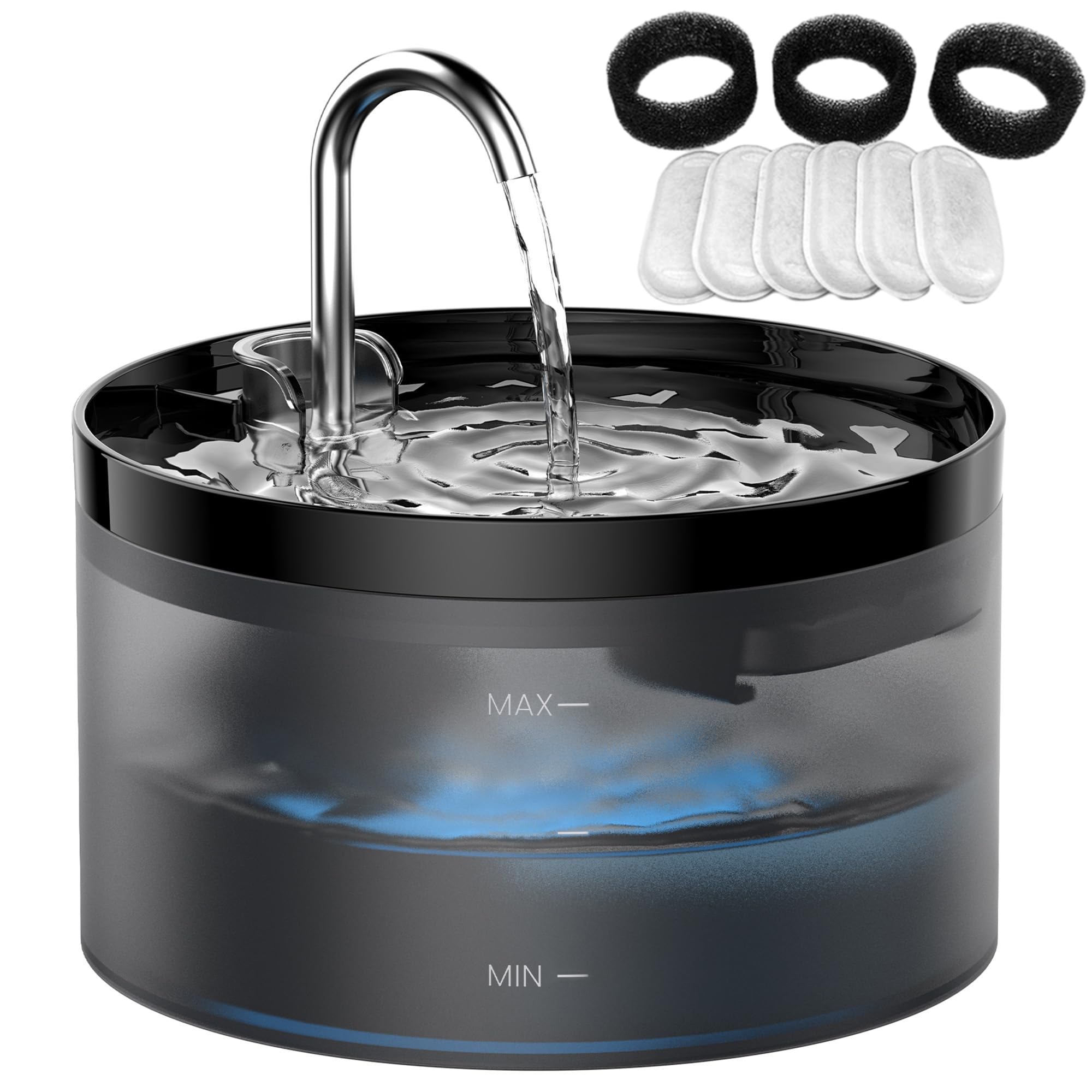 Cat Water Fountain Pet Fountain: 67oz/2L Cat Water Dispenser - Black Pet Dispenser - Faucet Dog Bowl - with 6 Filters + 3 Sponge