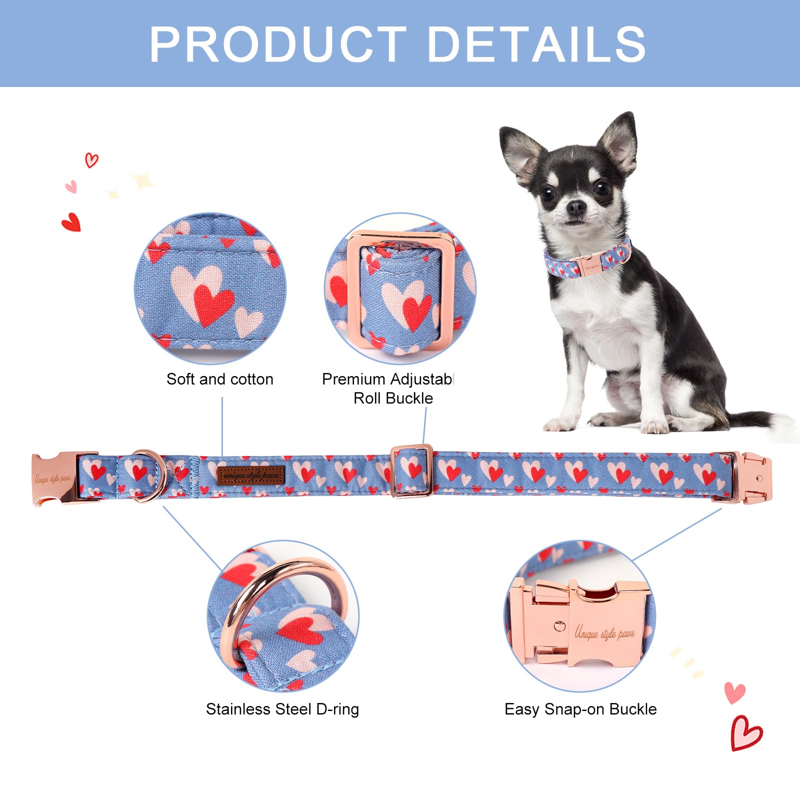 Unique Style Paws Valentine'S Day Dog Collar Metal Buckle Collar Blue Pink Love Heart Gift For Small Medium Large Boys Girls Dogs Wedding