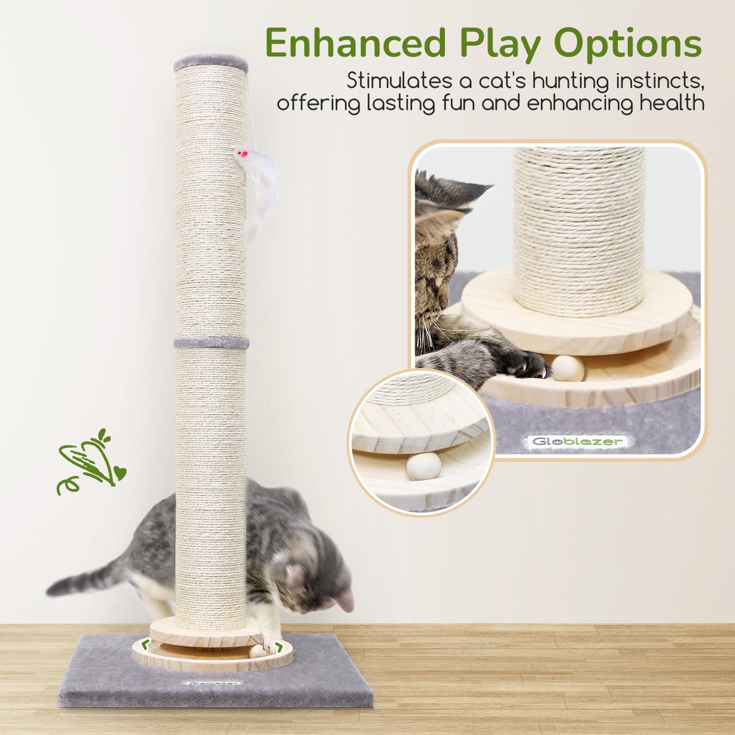 Globlazer Sc35 Extra Thick Large Scratching Post For Indoor Cats Adults And Kittens, 35In Tall Natural Sisal Rope Scratcher Post