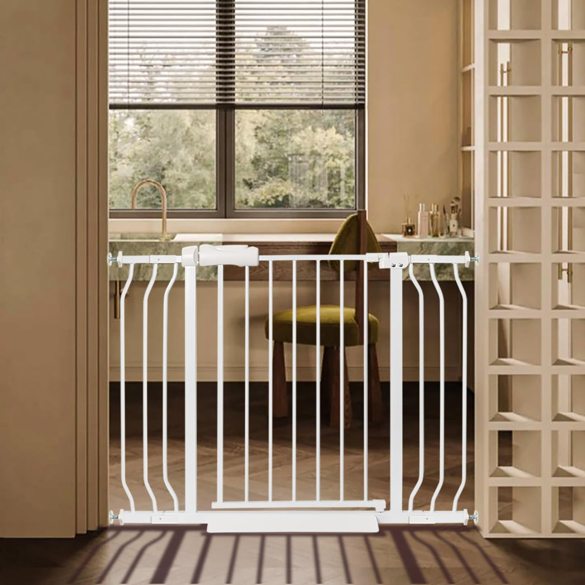 Baby Gate for Stairs No Drill 38.58-43.31 Inch, Pressure Mounted Metal Child Safety Dog Gates for Doorways, Walk Through Pet Ind