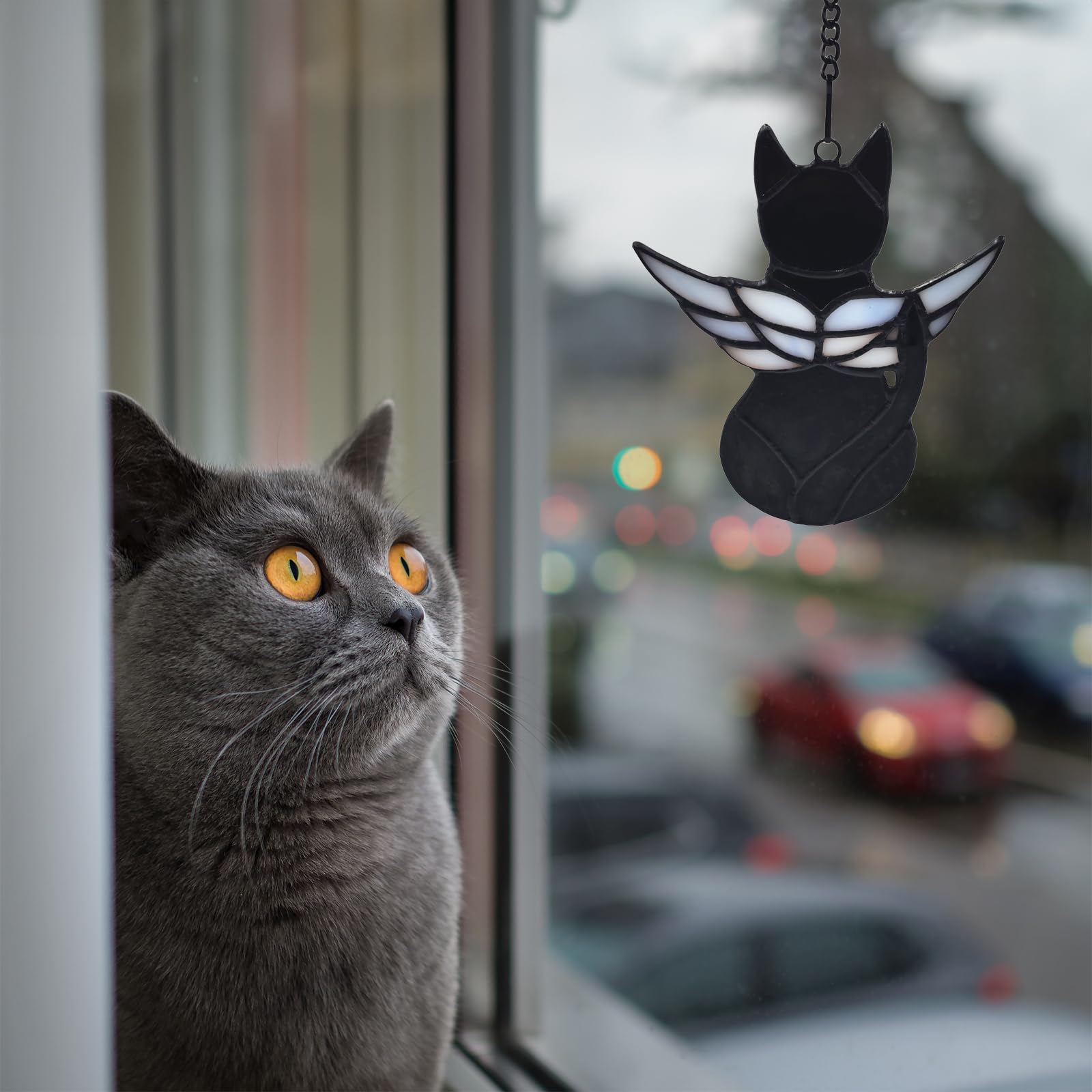 Fluffycaptain Handcrafted Stained Glass Black Angel Cat Suncatcher - Pet Memorial Gift With Colorful Wings, Cat Lovers Sympathy