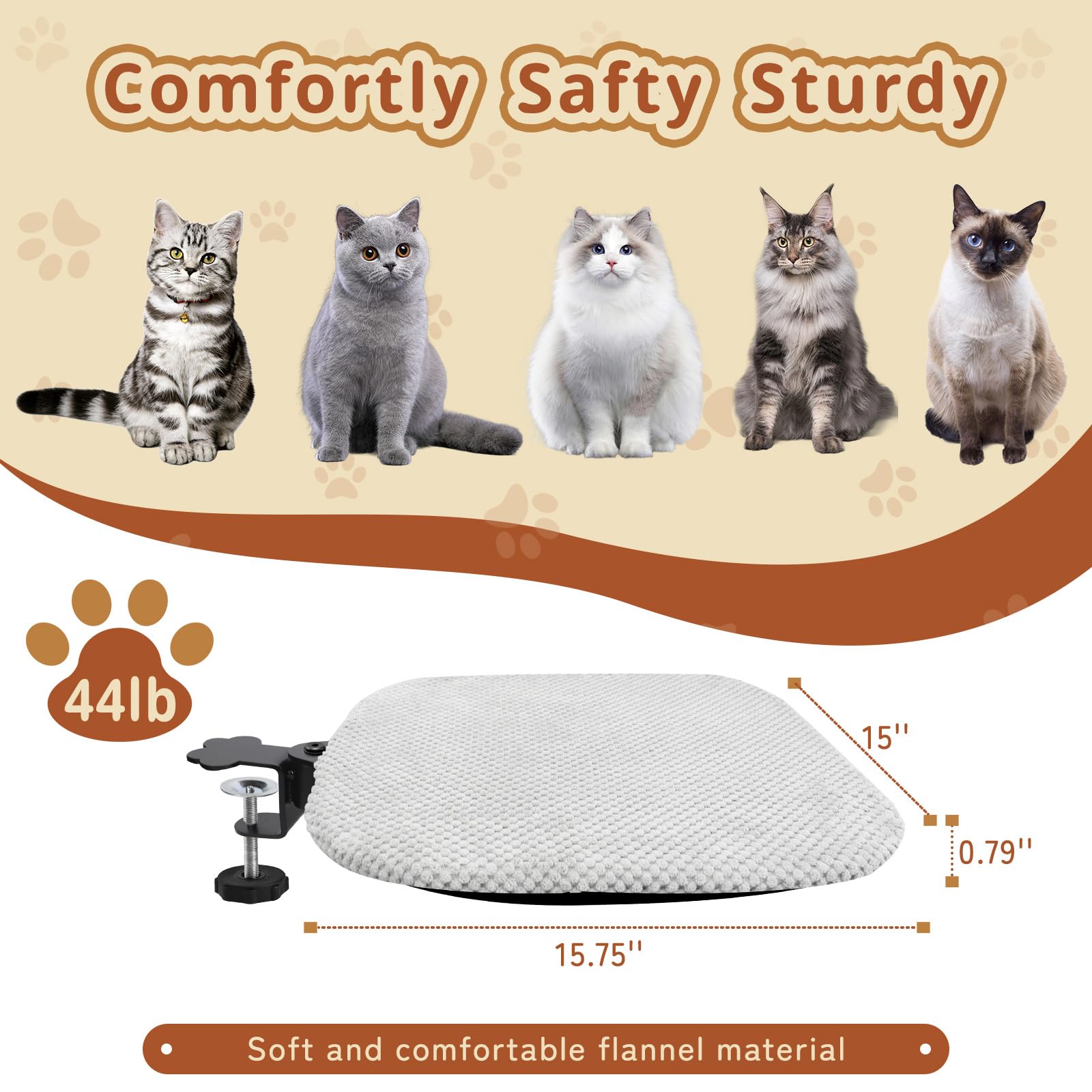 Cat Desk Bed-Sturdy Mounted Cat Hammock with Clamps, Soft Flannel Fabric, Supports Up to 44 lbs, Spacious Sleep Area Square Desk