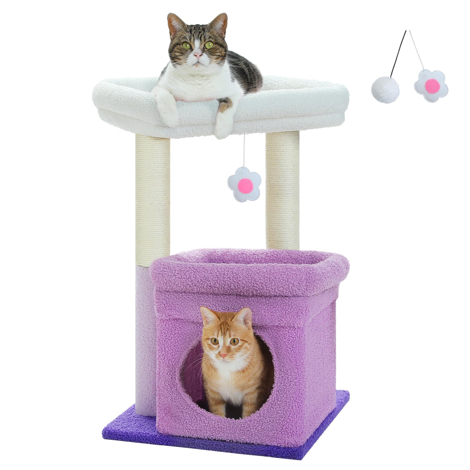 Pequlti Cat Tree Flower Cat Tower For Indoor Cats With Private Cozy Cat Condo, Natural Sisal Scratching Posts And Plush Pom-Pom 