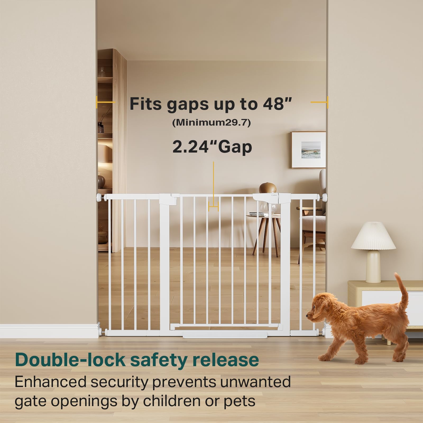 Cumbor 29.7-48' Baby Gate For Stairs, Mom'S Choice Awards Winner-Dog Gate For Doorways, Auto Close Safety Pet Gate For Dogs Indoor, Easy Install Pressure Mounted Child Gate With Walk Thru Door, White