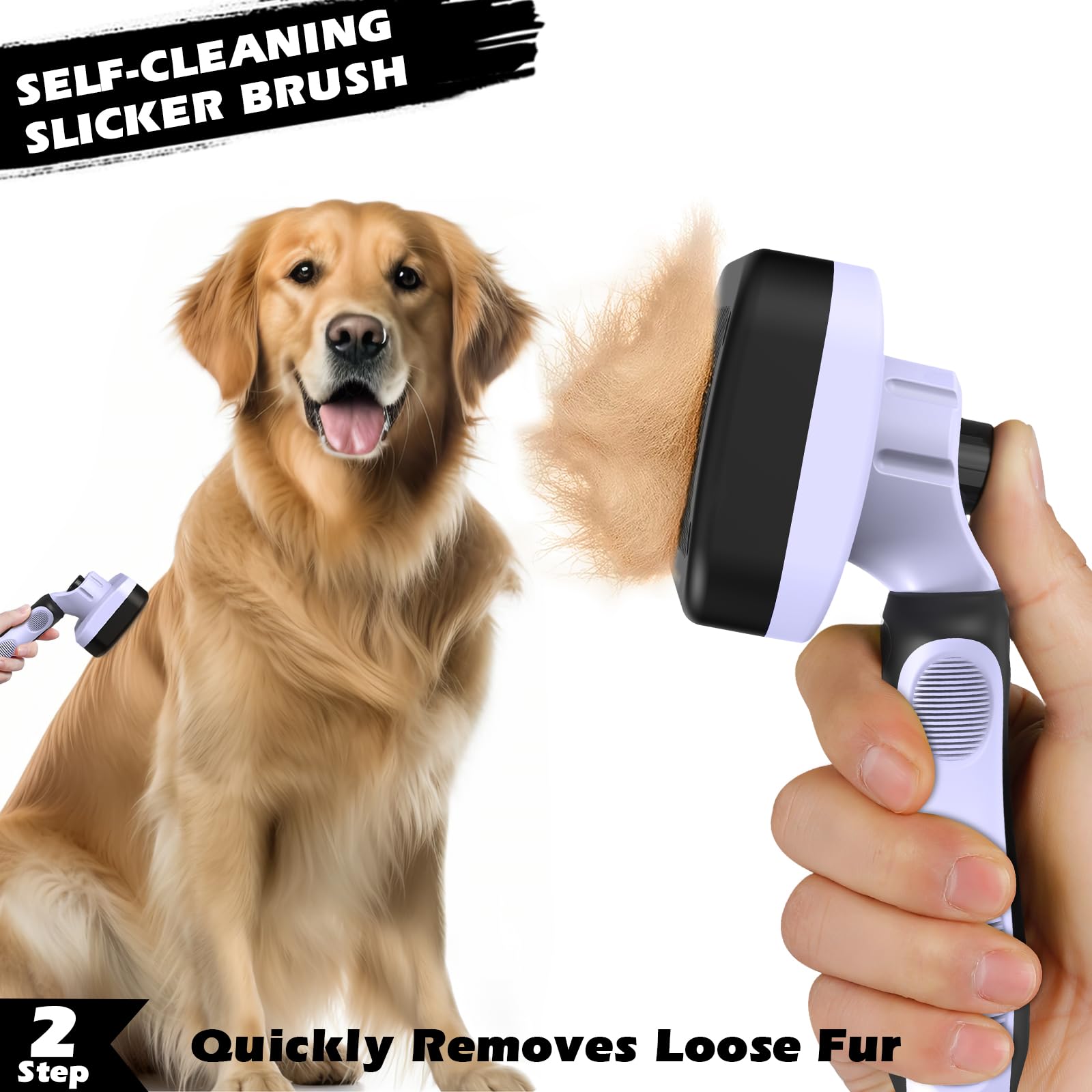 Augwind 3PCS Self Cleaning Pet Grooming Set - Slicker Brush, Rake & Flea Comb, Nylon, Light Purple Black