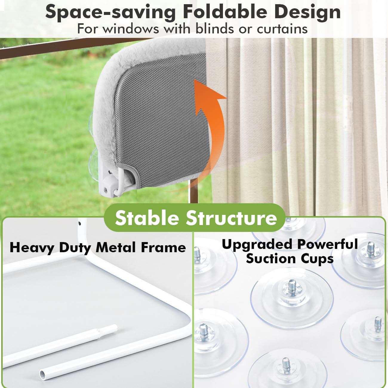 Zoratoo 2Pc Cat Window Perch With Bolster Foldable Cat Hammock Cushion Bed For Window With Metal Frame, Large Suction Cups Cordl