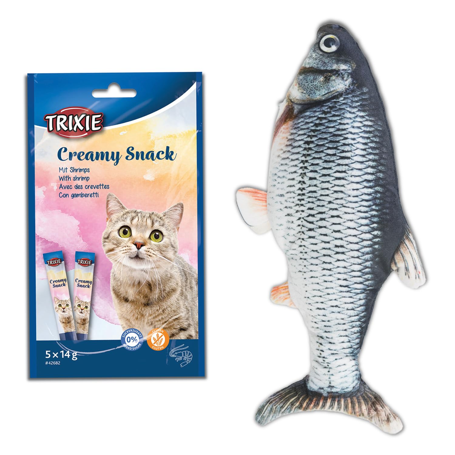 Combo Of Trixie Shrimp Flavor Creamy Snacks For Cat & Kittens (5 Tubes 14 G) And Trixie Realistic Moving Plush Fish Toy For Cats