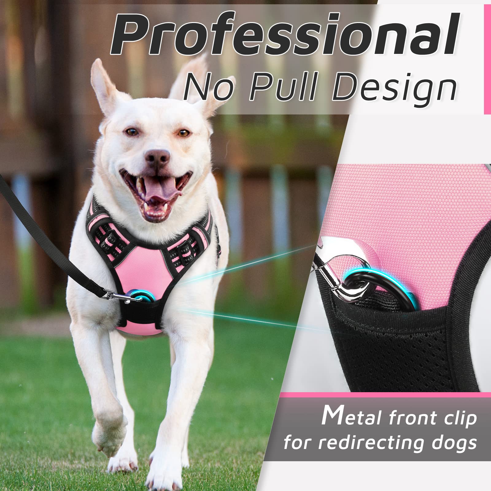 Eagloo Dog Harness For Large Dogs, No Pull Service Vest With Reflective Strips And Control Handle, Adjustable And Comfortable For Easy Walking, No Choke Pet Harness With 2 Metal Rings, Pink, L