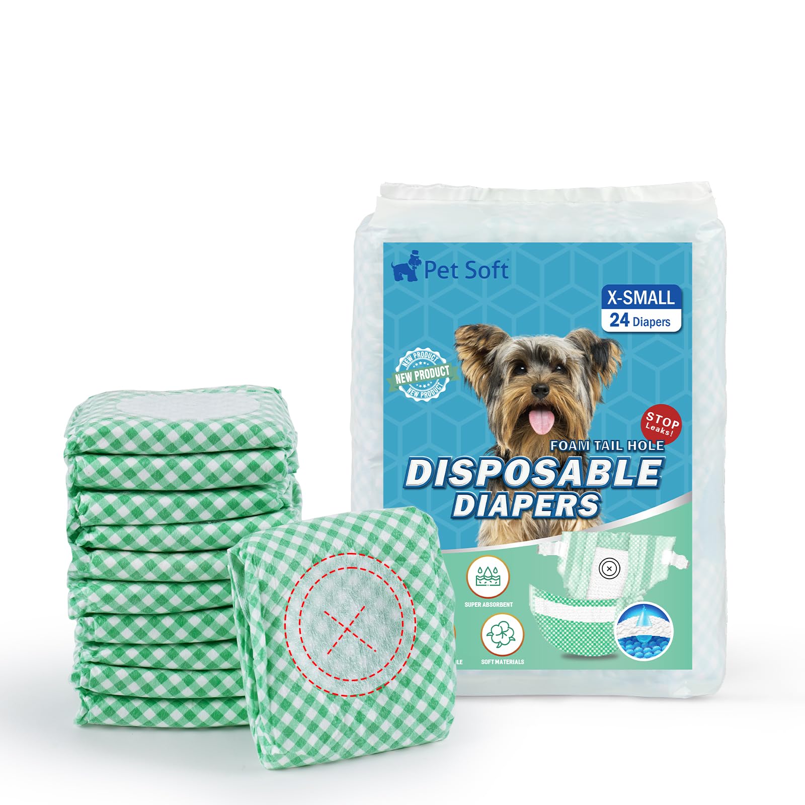 Pet Soft Dog Diapers Female - Disposable Doggie Diapers For Female Dogs, Puppy & Cat Diapers With Adjustable Foam Tail Hole, 24Pcs (Xs,Green)