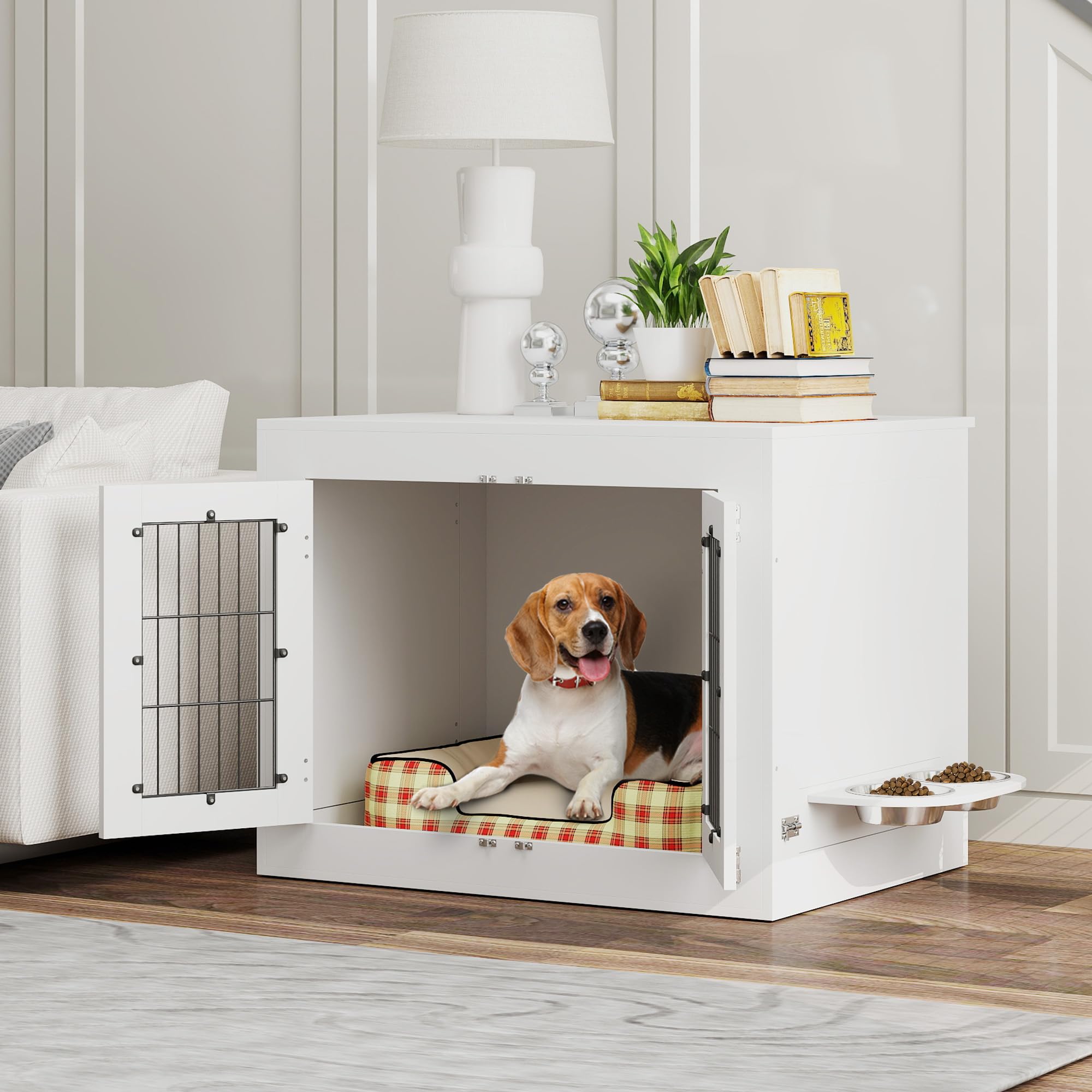 PawHut Dog Crate Furniture with Removable Bowls, 31.5"x23.6"x24.8", Engineered Wood, White, Model D02-212V00WT