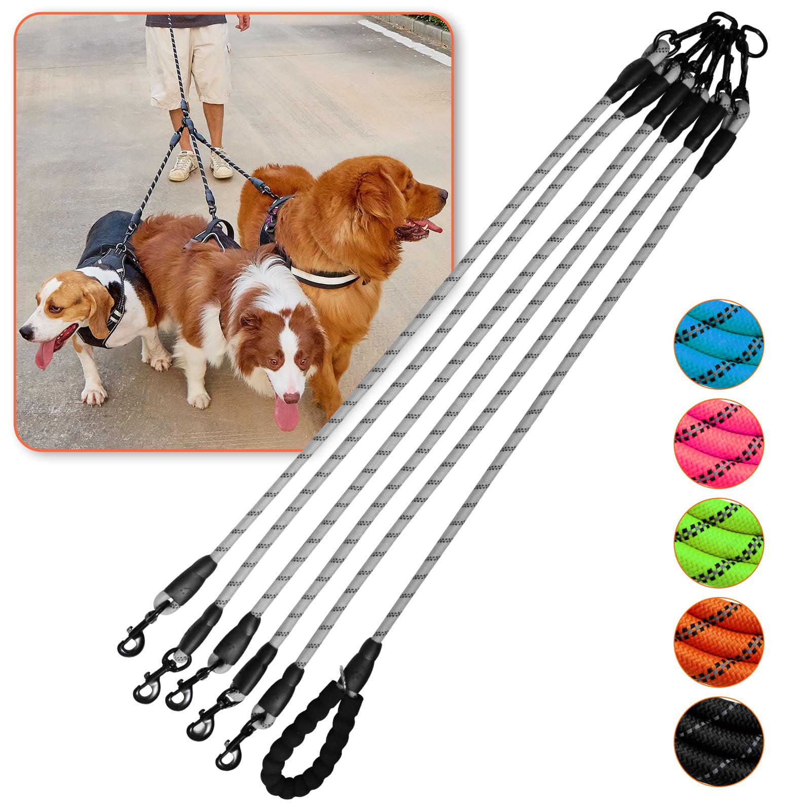 Five-In-One Dog Leash - 360 Swivel, No-Tangle, Reflective For Walking & Training (Five Leashes, Grey)