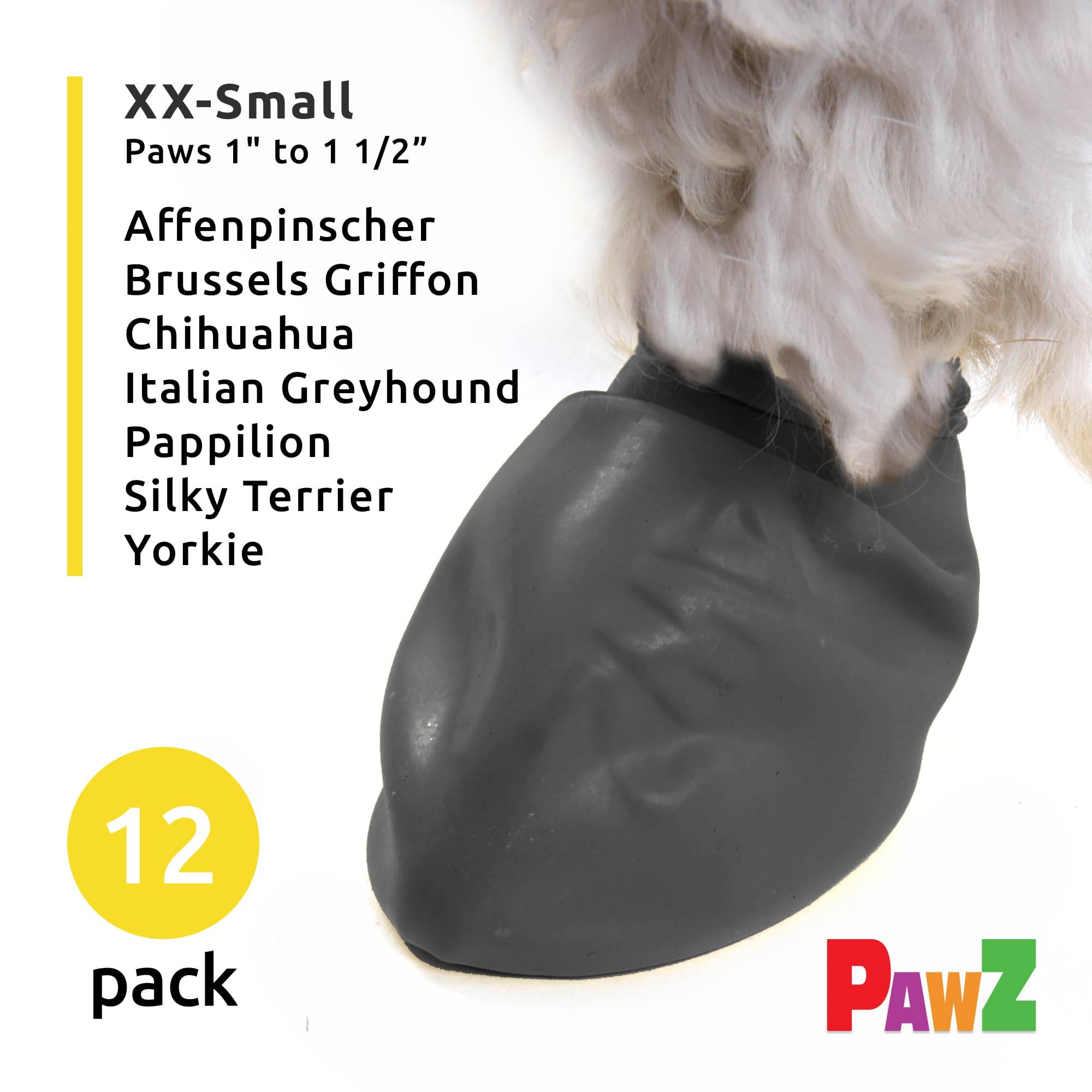Pawz Rubber Dog Boots For Paws Up To 1 1/2', 12 Pack - All-Weather Dog Booties For Hot Pavement, Snow, Mud, And Rain - Waterproof, Anti Slip Dog Socks - Xx-Small, Black