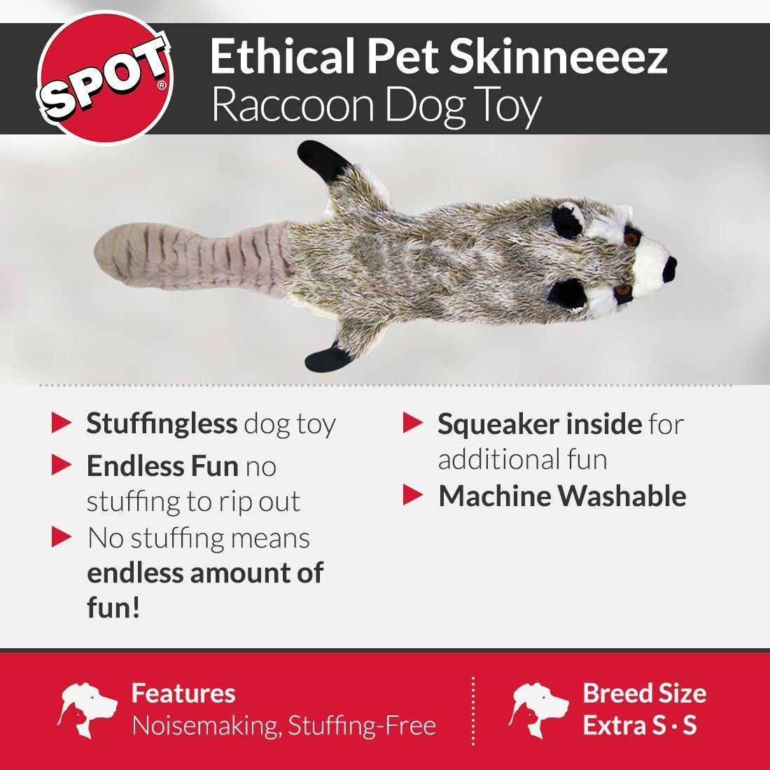 Spot Mini Skinneeez | Stuffless Dog Toy With Squeaker For All Dogs | Tug-Of-War Toy For Small And Large Breeds | 14'' | Raccoon