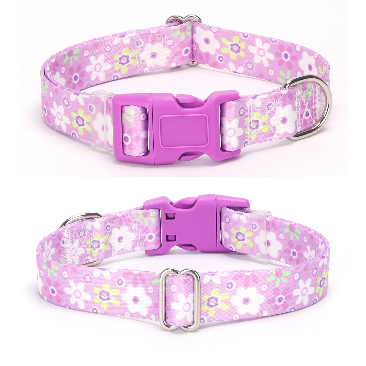 Girl Dog Collars, Pretty Floral Pattern Design Quick Release Buckle Soft Nylon Purple Dog Collars Adjustable for Xs Small Medium