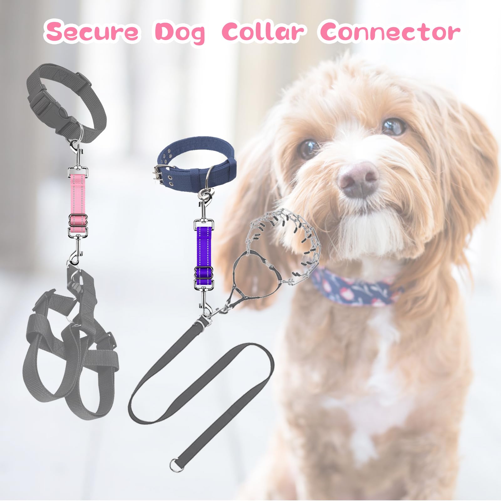 YUEPET Adjustable Dog Safety Collar Clips 2 Pack, Reflective Prong Collar Backup Clips, Pink & Purple Leash Connectors for Harness and Collar
