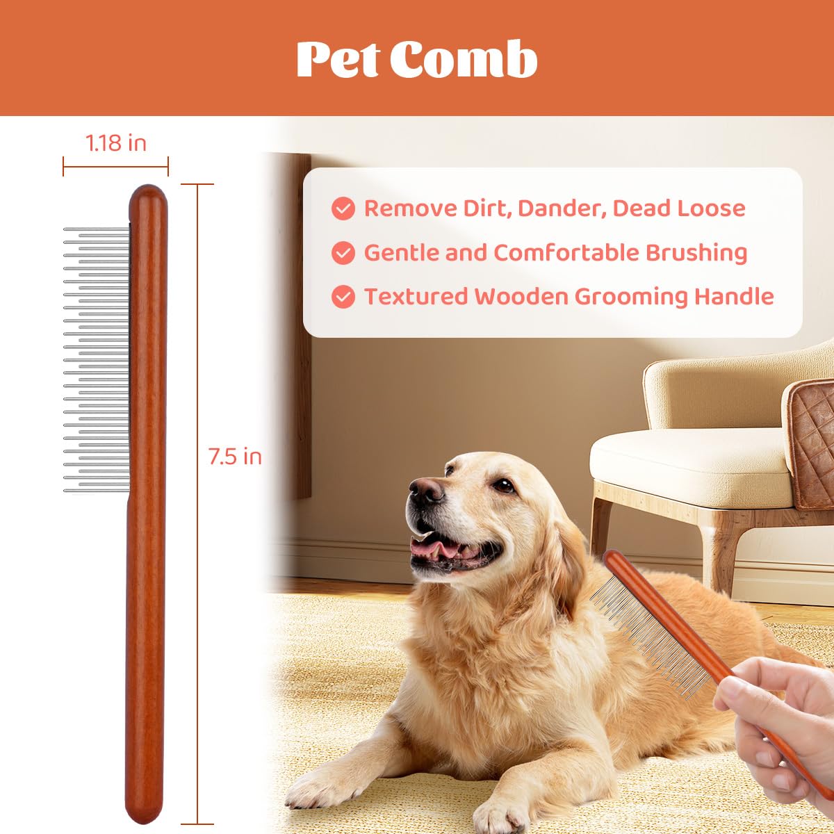 Cat Brush For Dematting & Deshedding, Professional Pet Grooming Brush, Pet Grooming Brushes With Wood Handle, Shedding Comb For