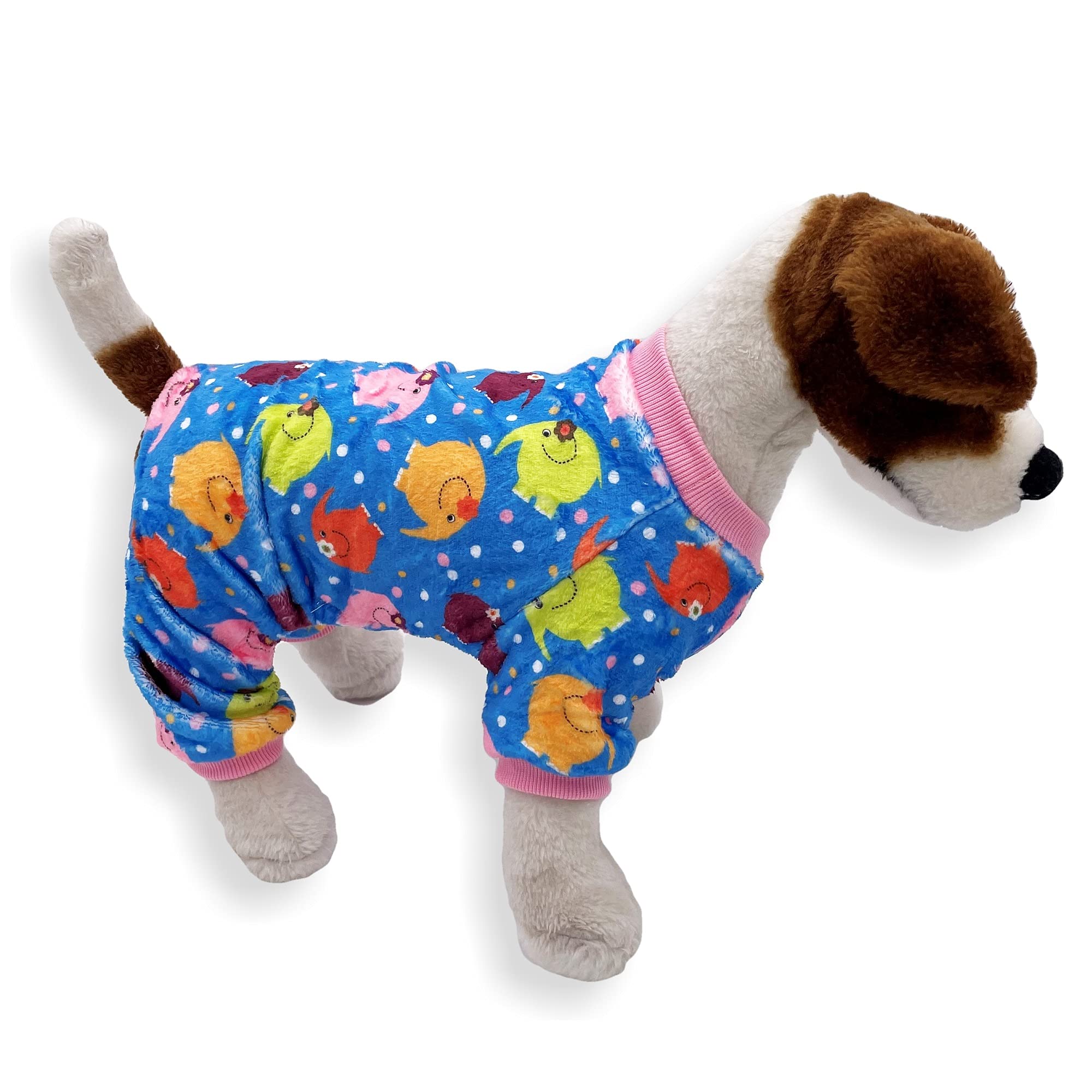 Dog Pajamas Soft Warm Fleece Jumpsuit Cute Pet Clothes For Small And Medium Pet Xxs - L (Blue Elephants, L: Length - 18', Chest 22' - 26')