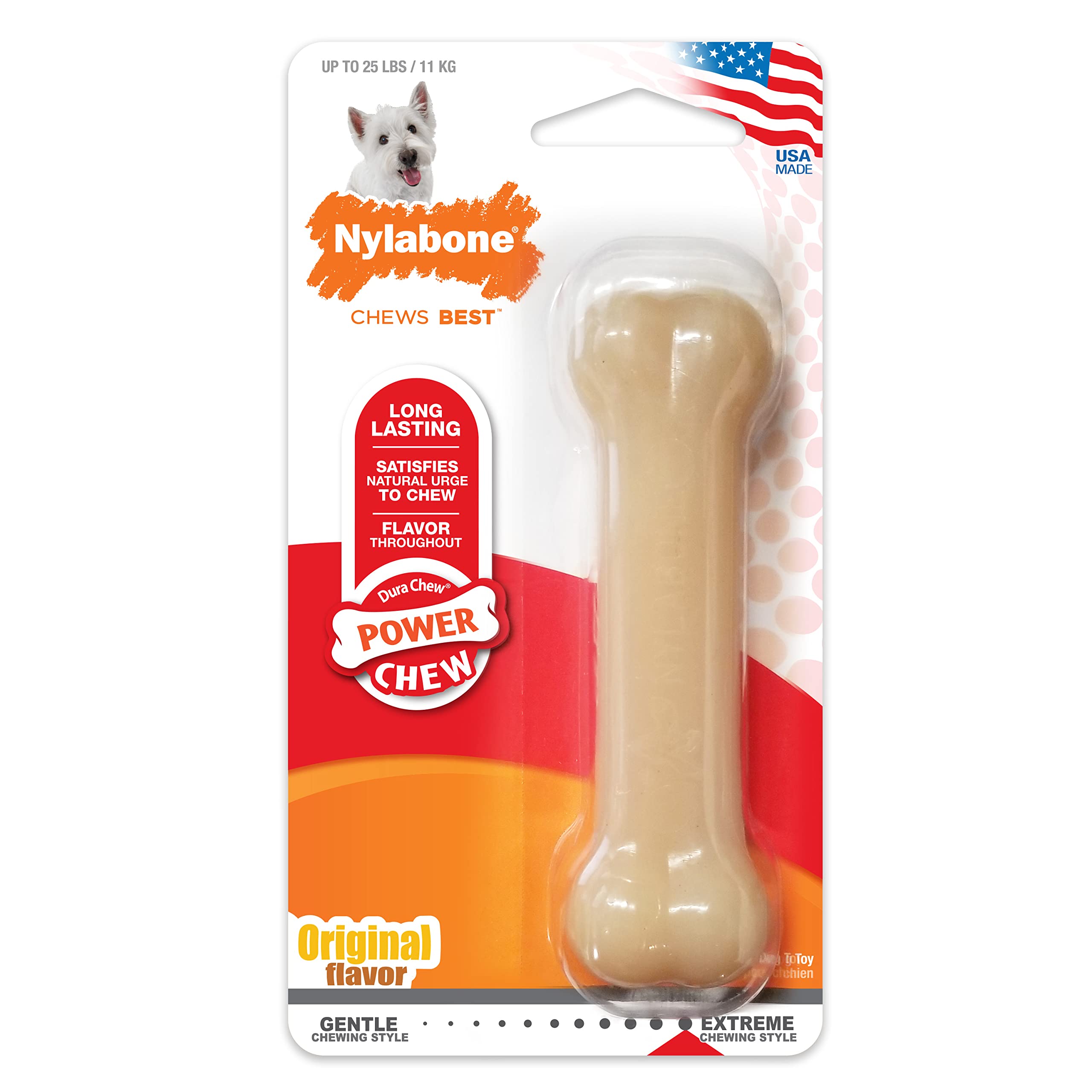Nylabone Power Chew Classic Bone Chew Toy For Dogs, Durable Dog Toys For Aggressive Chewers, Original Flavor, Small/Regular - Up To 25 Ibs. (1 Count)