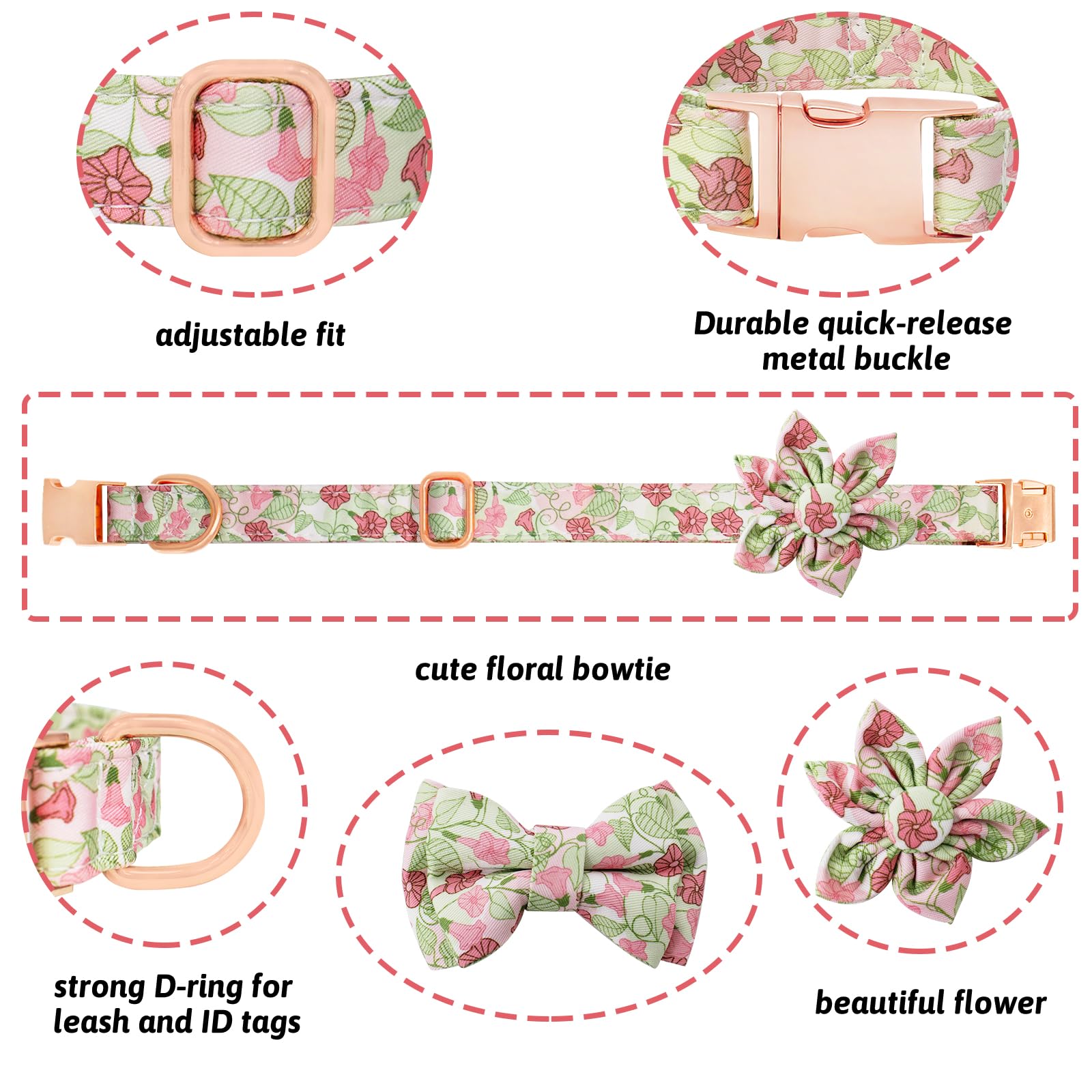 HSIGIO Dog Collar and Leash Set Girls Adjustable Puppy Collars with Floral Bow Tie for Small Medium Large Female Dogs, Morning G