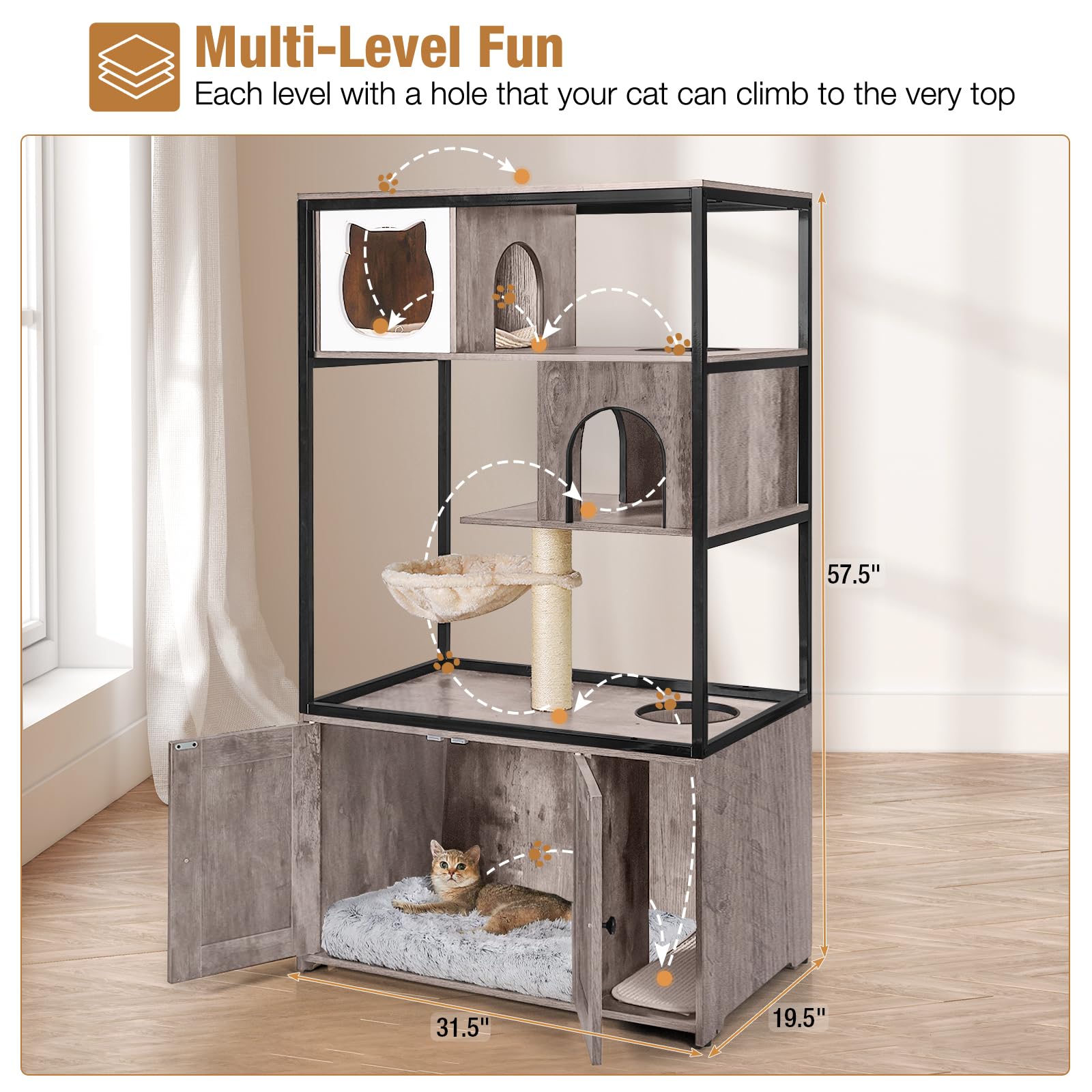 Cat Litter Box Furniture Kitty Enclosure 4 Levels Cat House Hidden Cabinet With Storage And Scratch,Cat Tree
