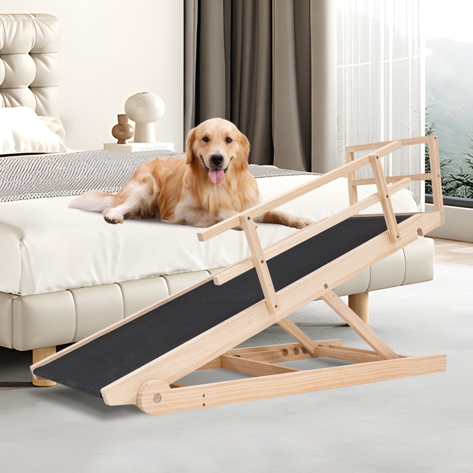 Aboron Antislip Wooden Dog Ramp For High Bed Couch Car, 5-Level Adjustable Folding Pet Ramp For Small & Large Old Dogs & Cats, 1