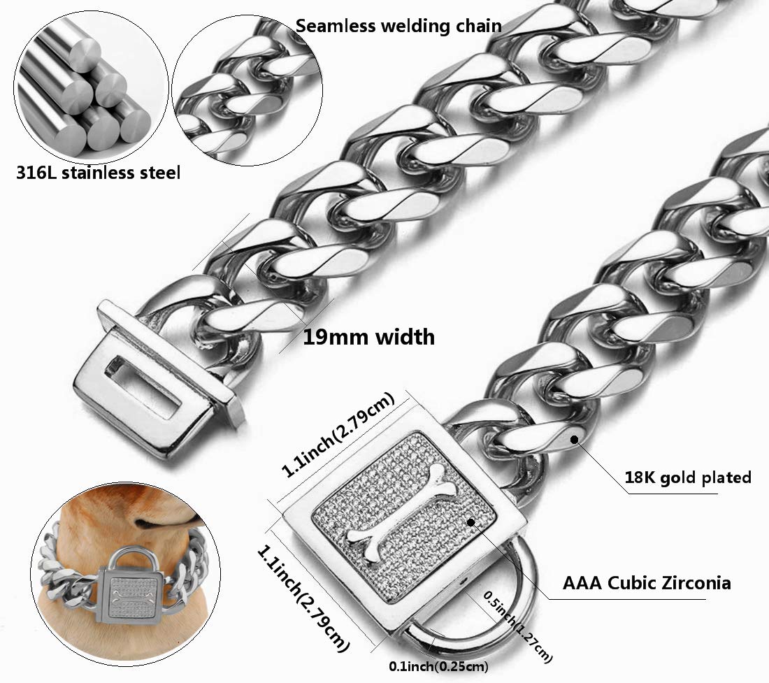 Aiyidi Heavy Pet Dog Collar, Stainless Steel Metal Slip Choker Collar, With Personality Rhinestone Lock, 19Mm Silver Cuban Link Chain,12-26Inch, Water-Proof, Chew-Proof, For Medium & Large Dogs(20'')
