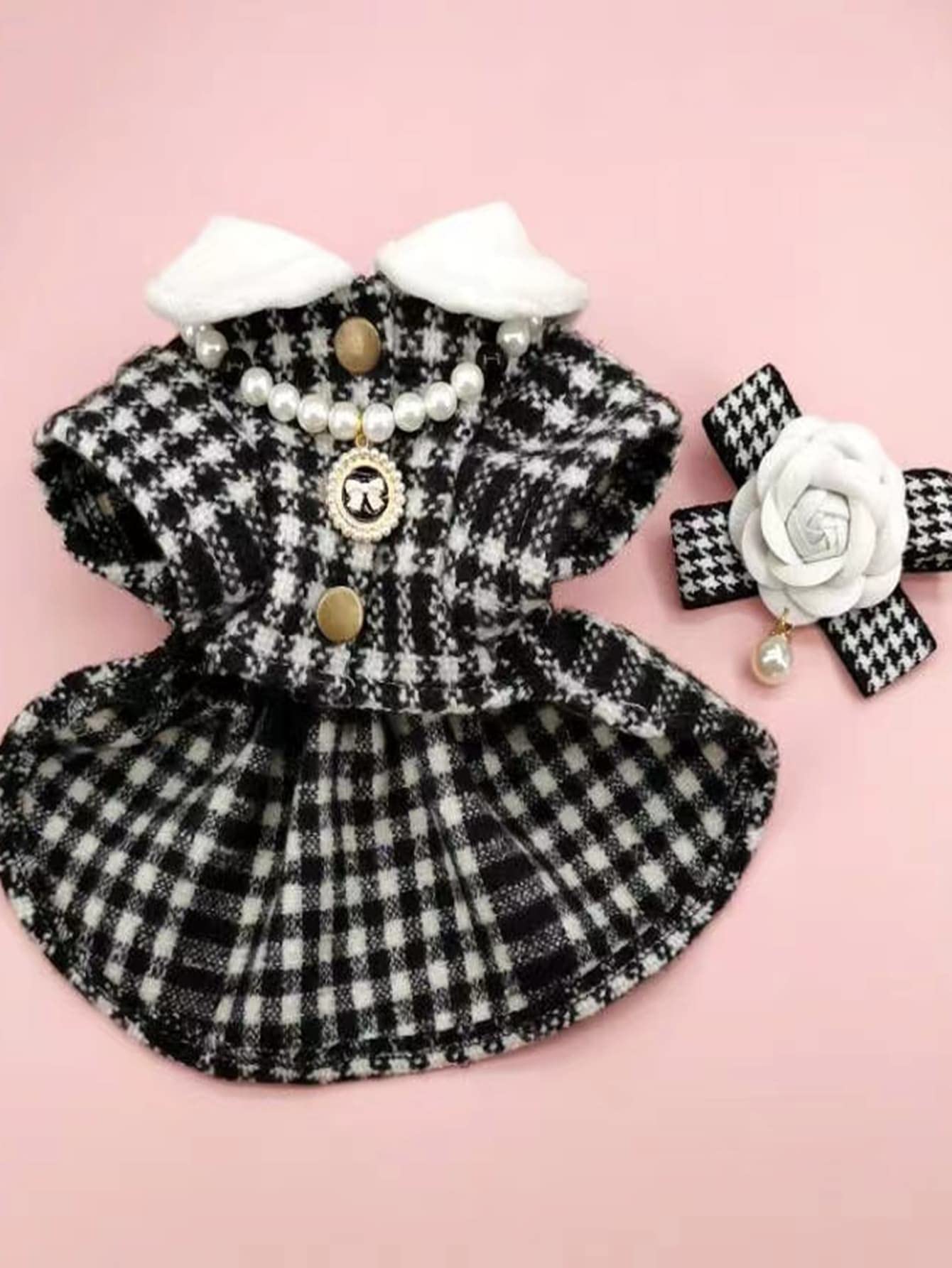Qwinee 3Pcs Dog Dress & Flower Bow & Necklace Set Geometric Princess Dress With Flower Bow Deco Puppy Skirt With Pearls Jewelry