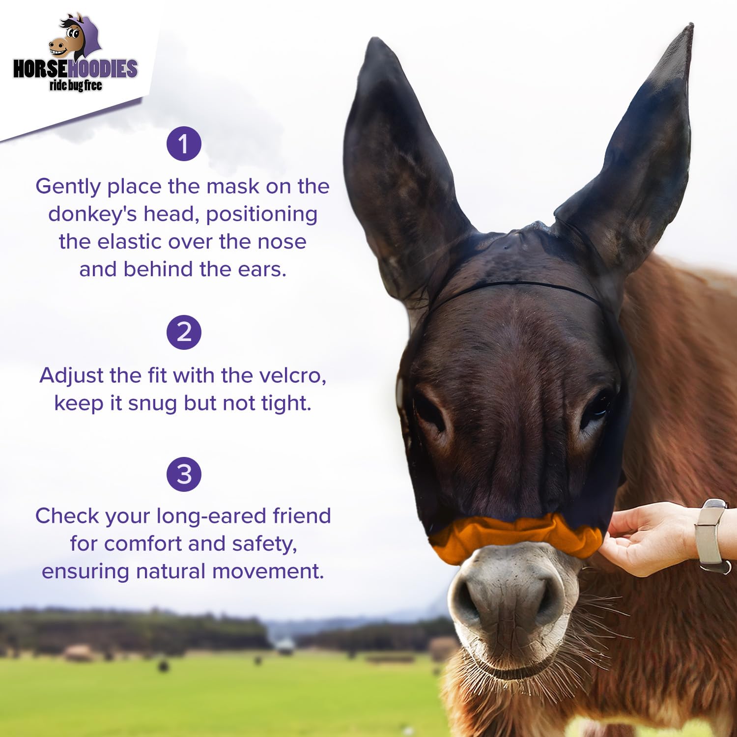 Donkey Fly Mask with Long Ears (Orange) Made in USA - Mule Fly Mask with Ears Protection from Insects and Bugs, Mini Donkey Soft
