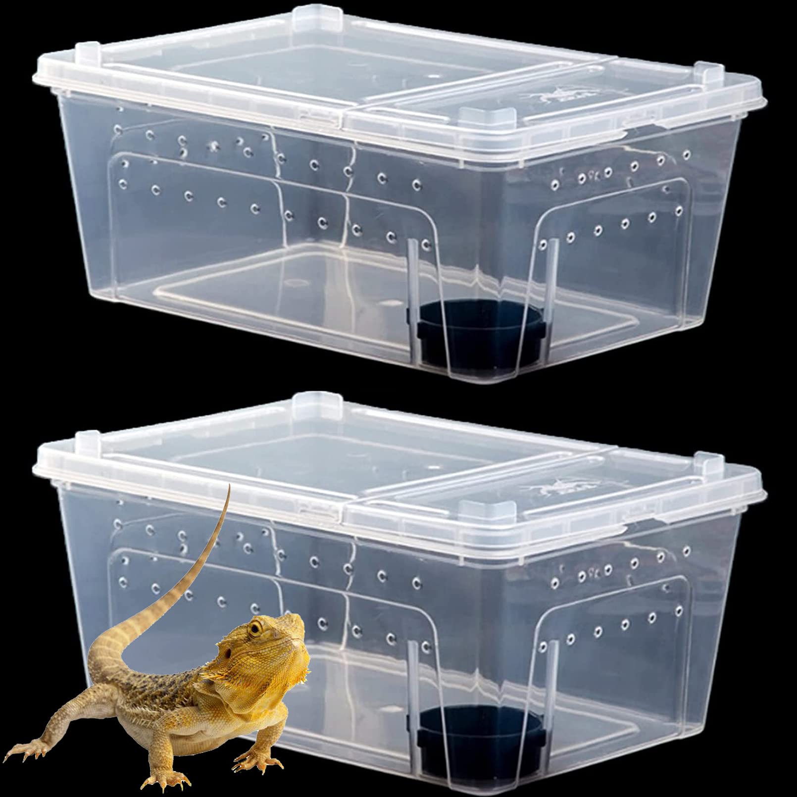 Hamiledyi 2Pcs Reptile Feeding Box Snake Breeding Box Transparent Animal Habitat Cage Portable Plastic Turtle Transport Container For Bearded Dragon Lizard Spider Frog Scorpion Gecko 12.6 X 8.6 X 5.9