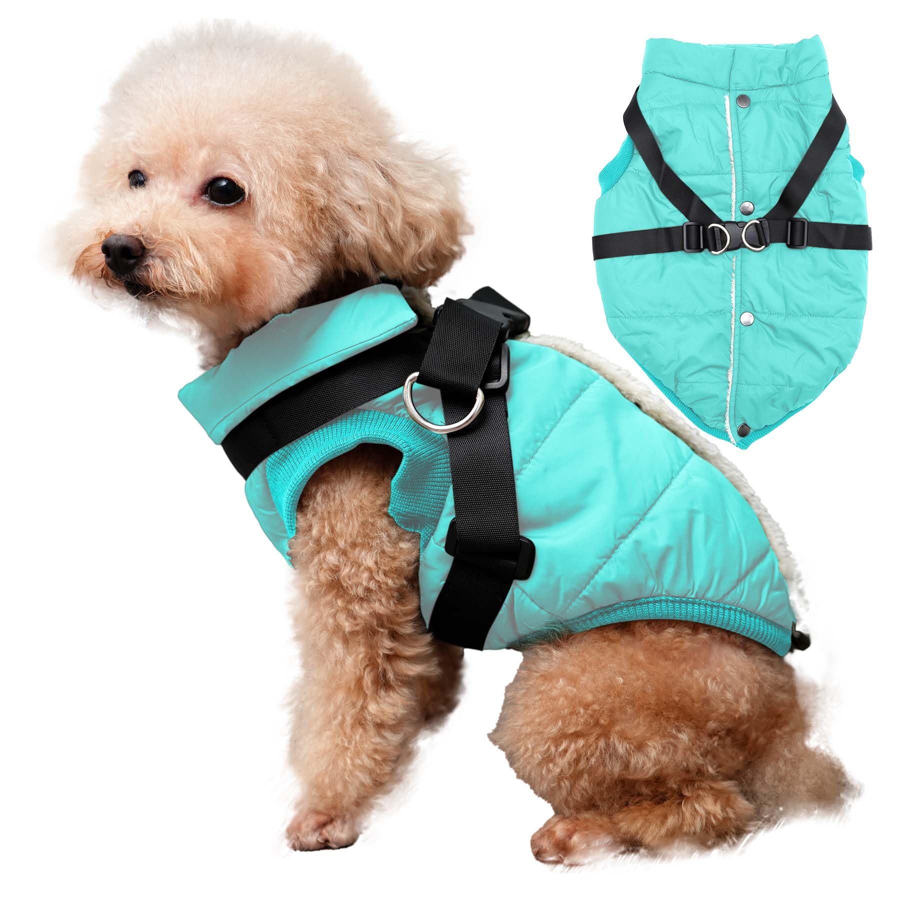 Joydaog Dog Jacket With Harness,Fleece Lined Warm Puppy Coat For Winter,Soft Windproof Small Dog Vest,Bluegreen Xs