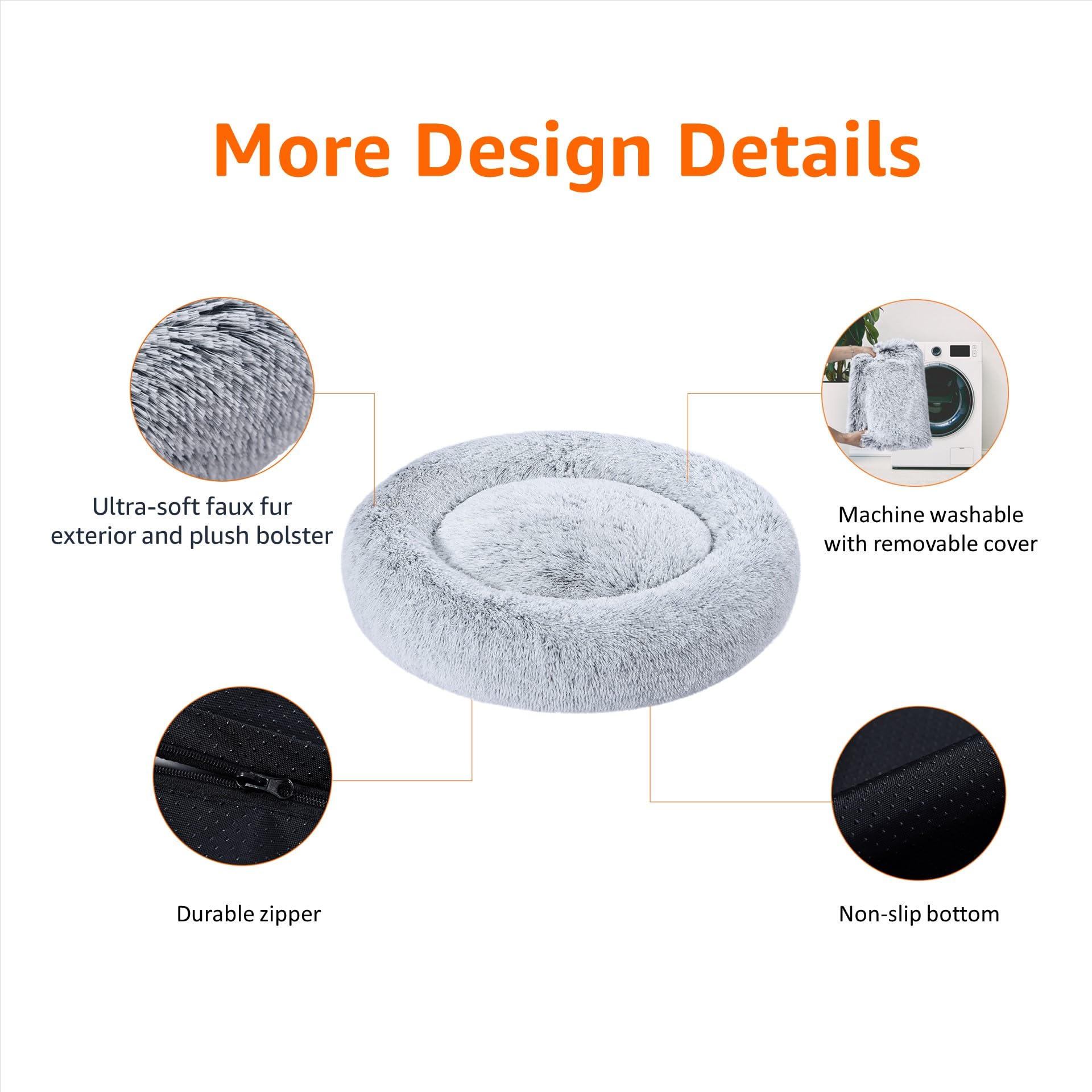 Amazon Basics Donut Pet Bolster Faux Fur Bed for Dog, Grey, 23'' x 23''