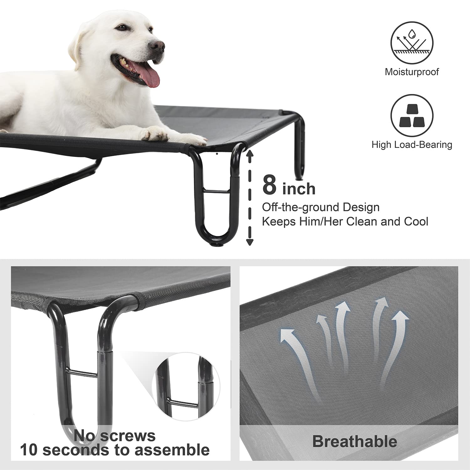 Pettycare Elevated Outdoor Dog Bed - Dog Cots Beds For Large Dogs Xl, Waterproof Raised Dog Bed Easy To Assemble, Cooling Elevated Dog Bed With Teslin Mesh, Durable, Non Slip, Up To 85 Lbs,Black
