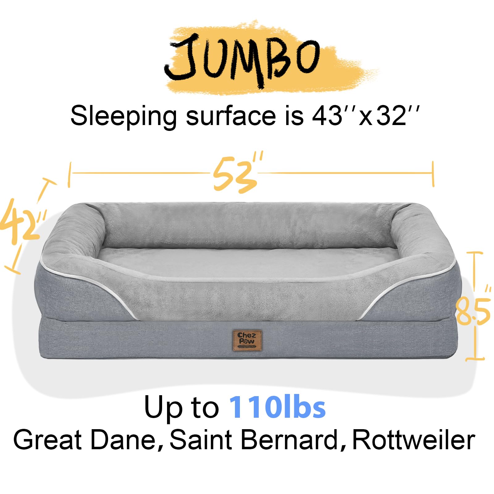 Washable Orthopedic Large Dog Bed - Removable Waterproof Cover With Bolster Extra Large Dog Bed Foam Support Xl Large Big Pet Do