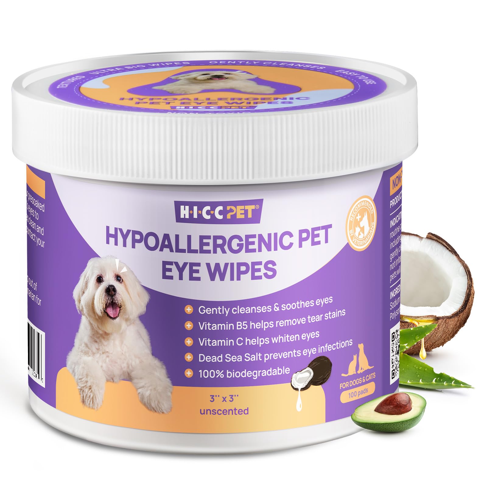 HICC PET Eyes Wipes for Dogs & Cats - Gently Remove Tear Stain, Debris, Discharge, Crust - Coconut Oil Pet Cleaning Grooming Deo