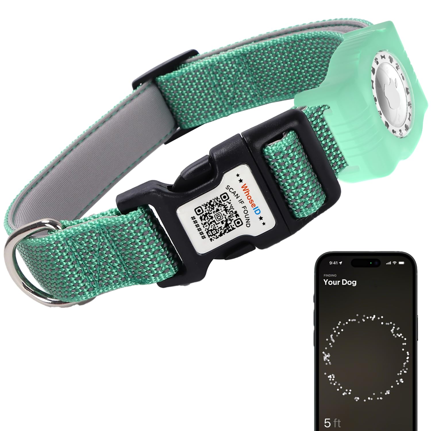 Whoseid Reflective Dog Collar With Airtag Holder,Adjustable Dog Collar With Neoprene Padded & Anti-Lost Qr Code Buckle (Green, L
