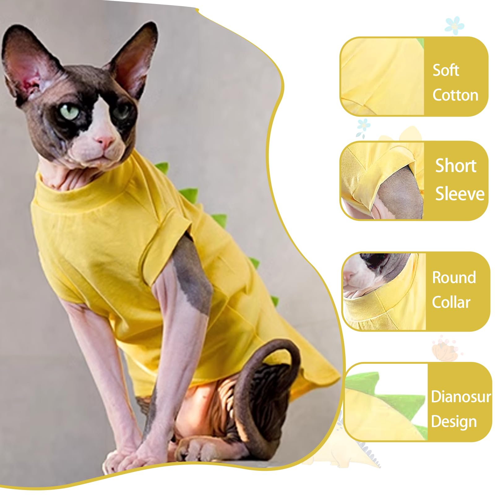 Qbleev Sphynx Cat Clothes, Dinosaur Design Cat Shirts For Cats Only, Hairless Cat Sweater, Breathable Cat Daily Wear Clothes For