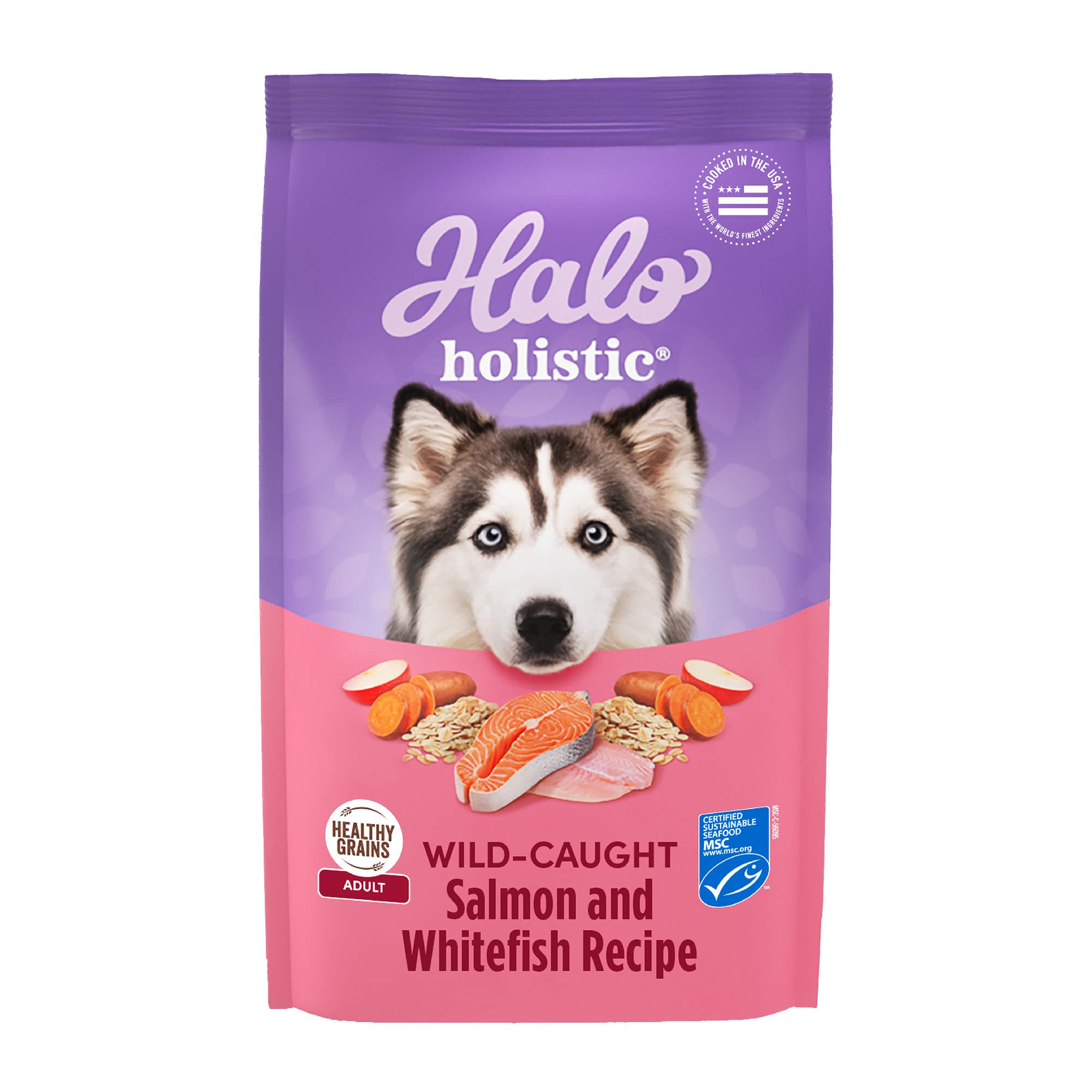 Halo Holistic Dog Food Wild Caught Salmon & Whitefish Formula, Healthy Grains Dry Dog Food, Complete Digestive Health, Kibble fo