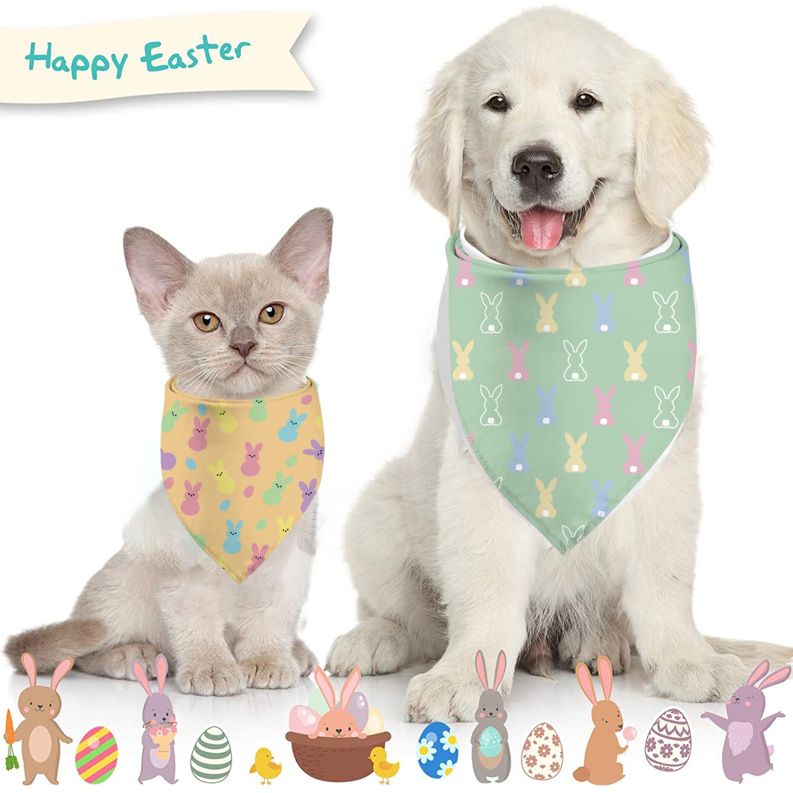 Easter Dog Bandanas Puppy Scarf - Easter Bunny Peeps Dog Outfits - 2 Pcs Adjustable Triangle Double-Layer Reversible Pet Bandana