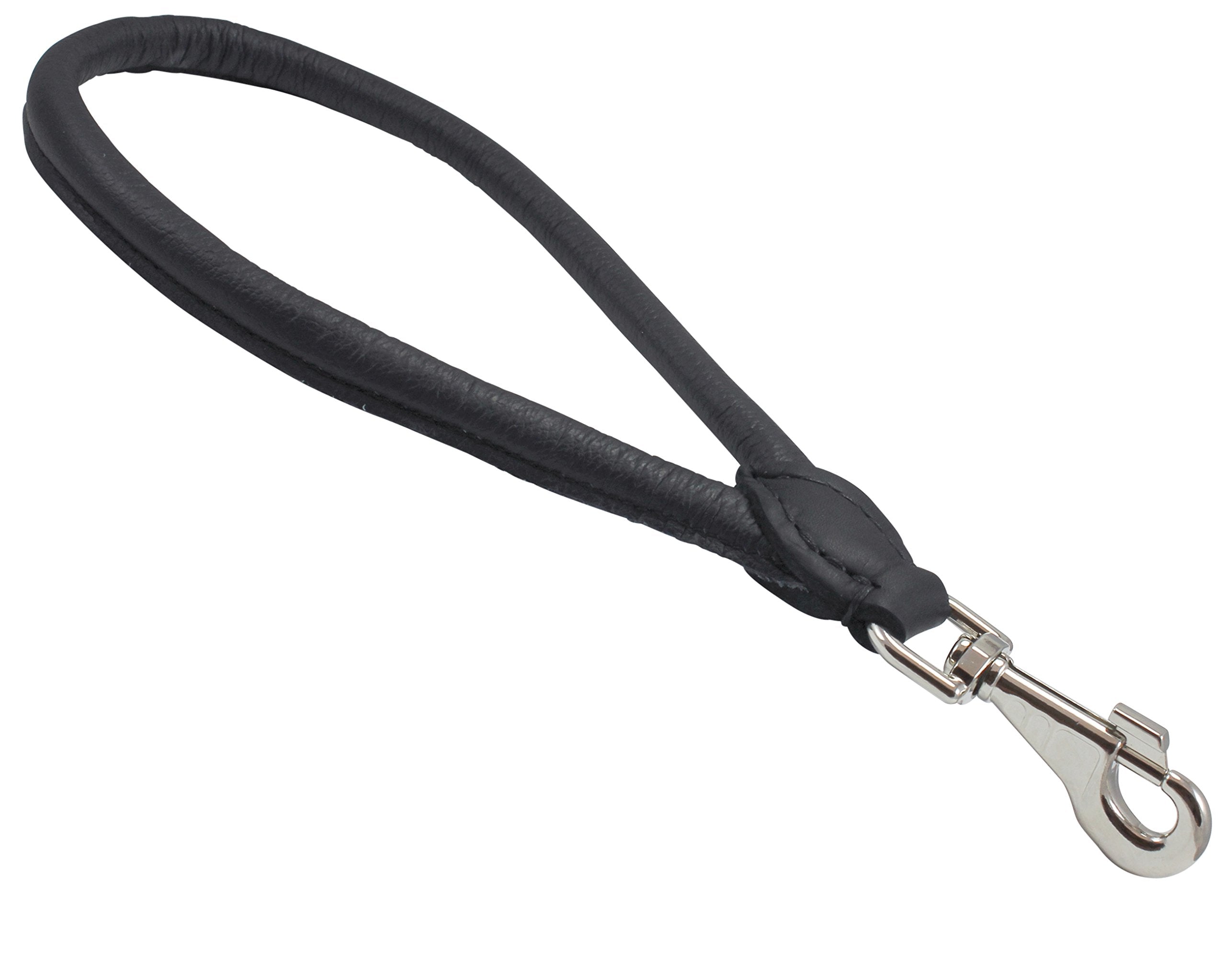 Round Genuine Rolled Leather Dog Short Traffic Leash 13 Long 1/2 Diam Lead (Black)